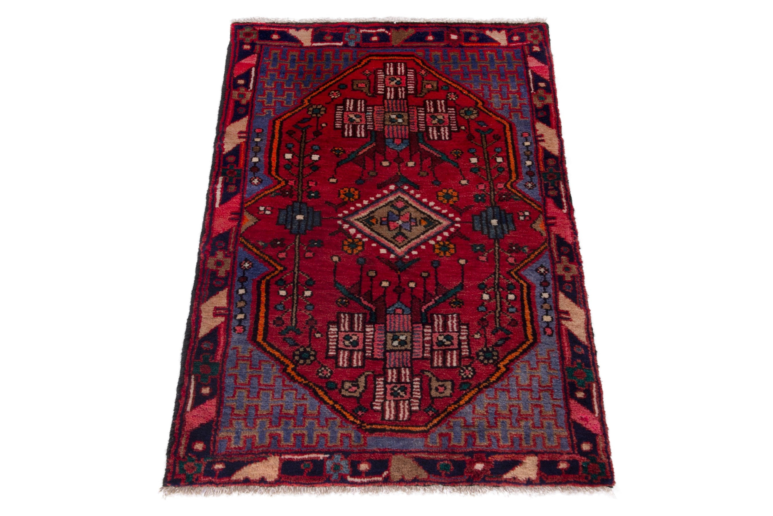 Persian Nahavand accent rug in deep red and denim, view 2 of 9