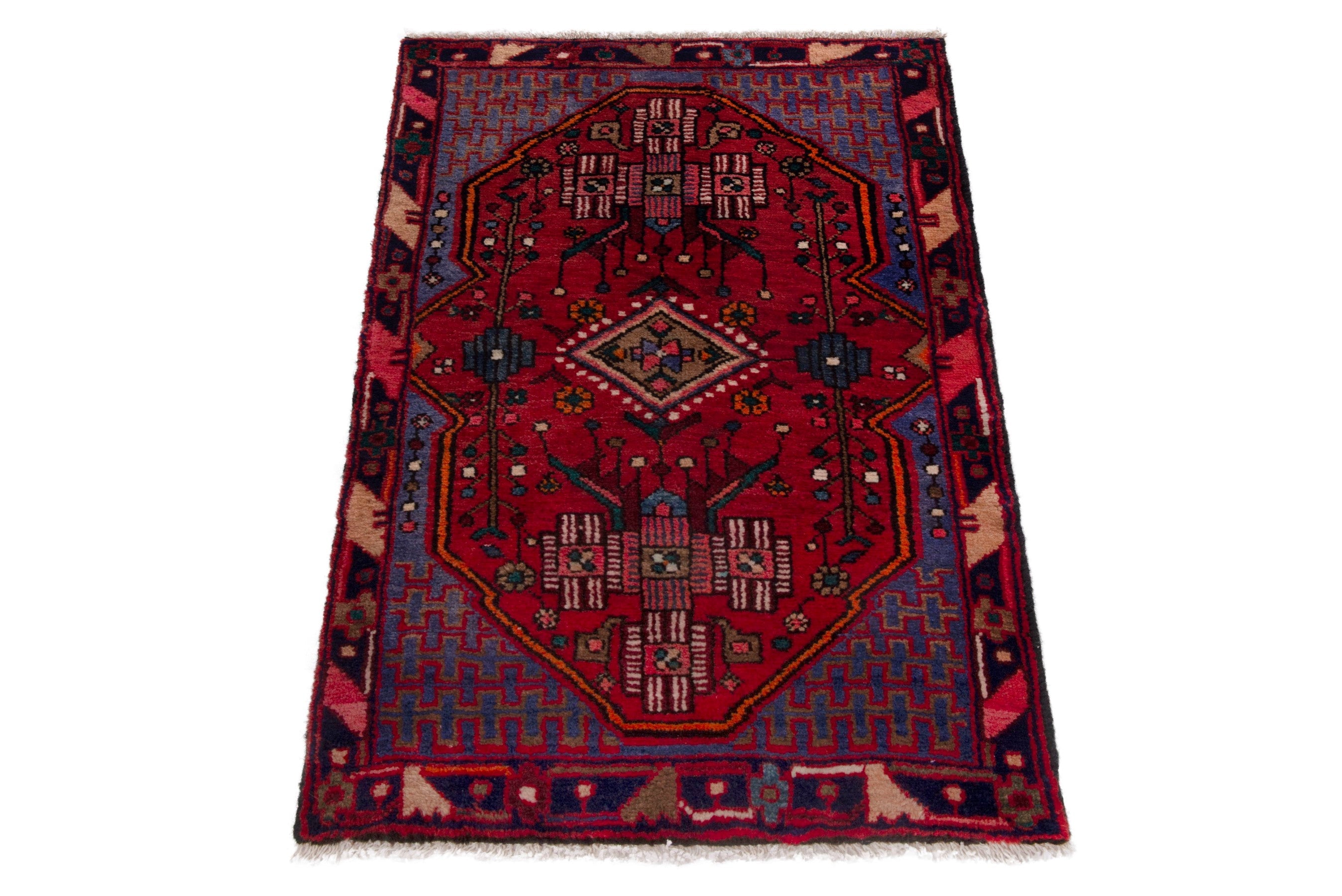 Persian Nahavand accent rug in deep red and denim, view 3 of 9