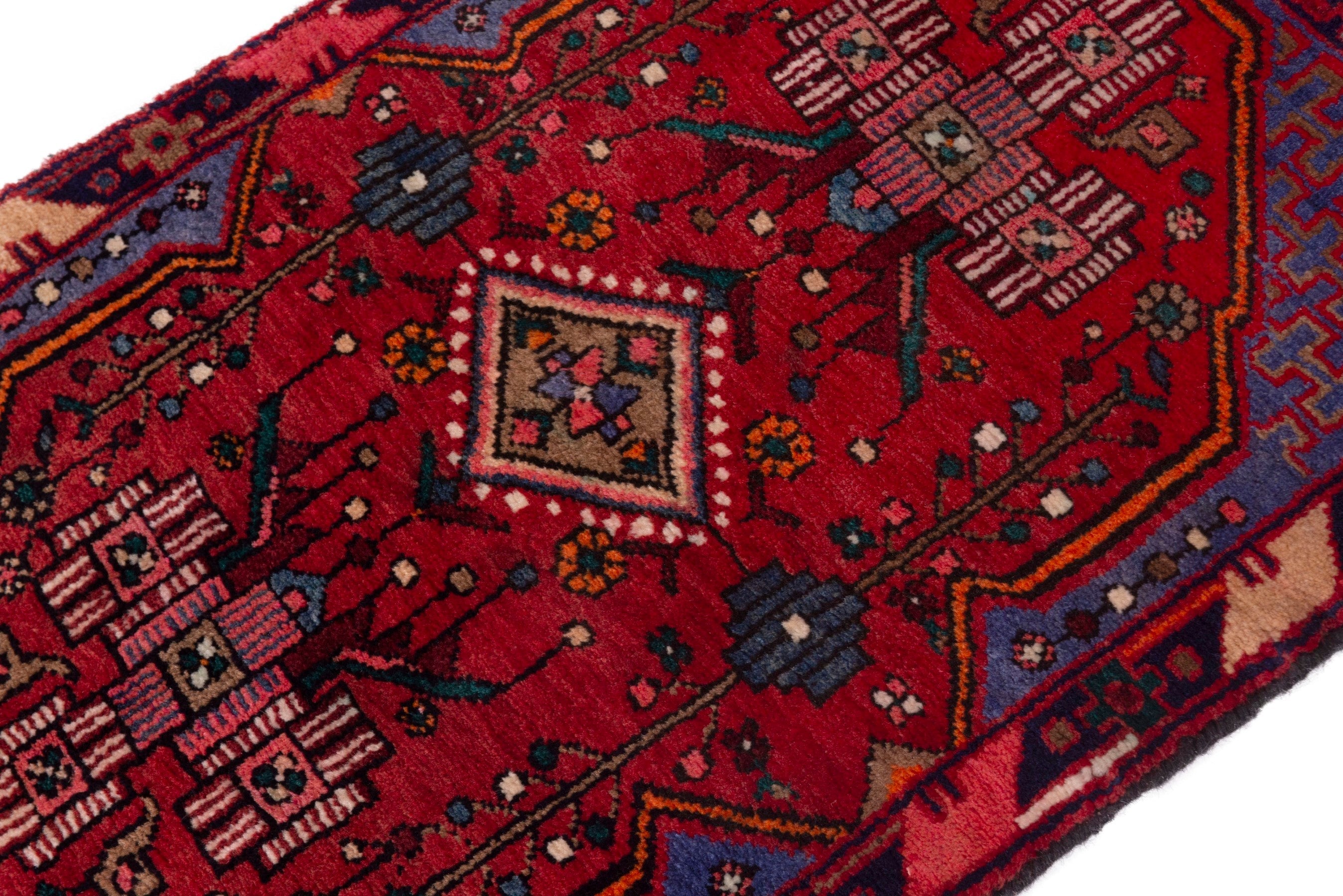 Persian Nahavand accent rug in deep red and denim, view 4 of 9