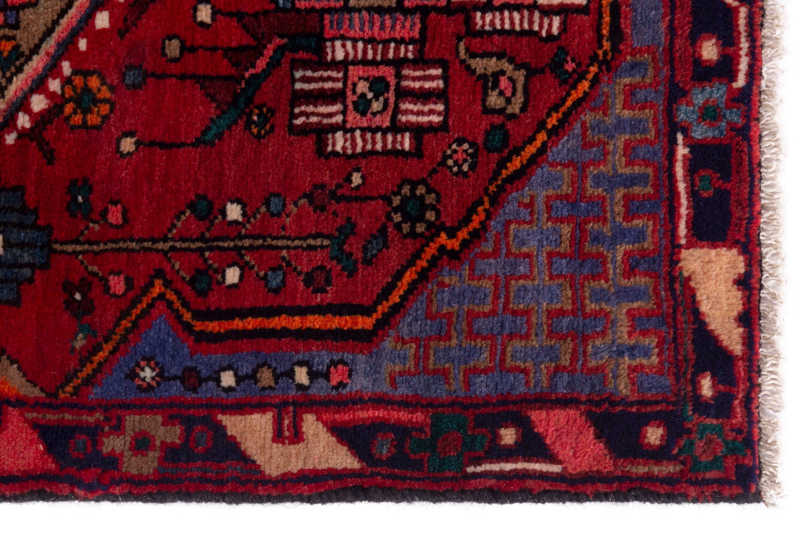 Persian Nahavand accent rug in deep red and denim, view 5 of 9