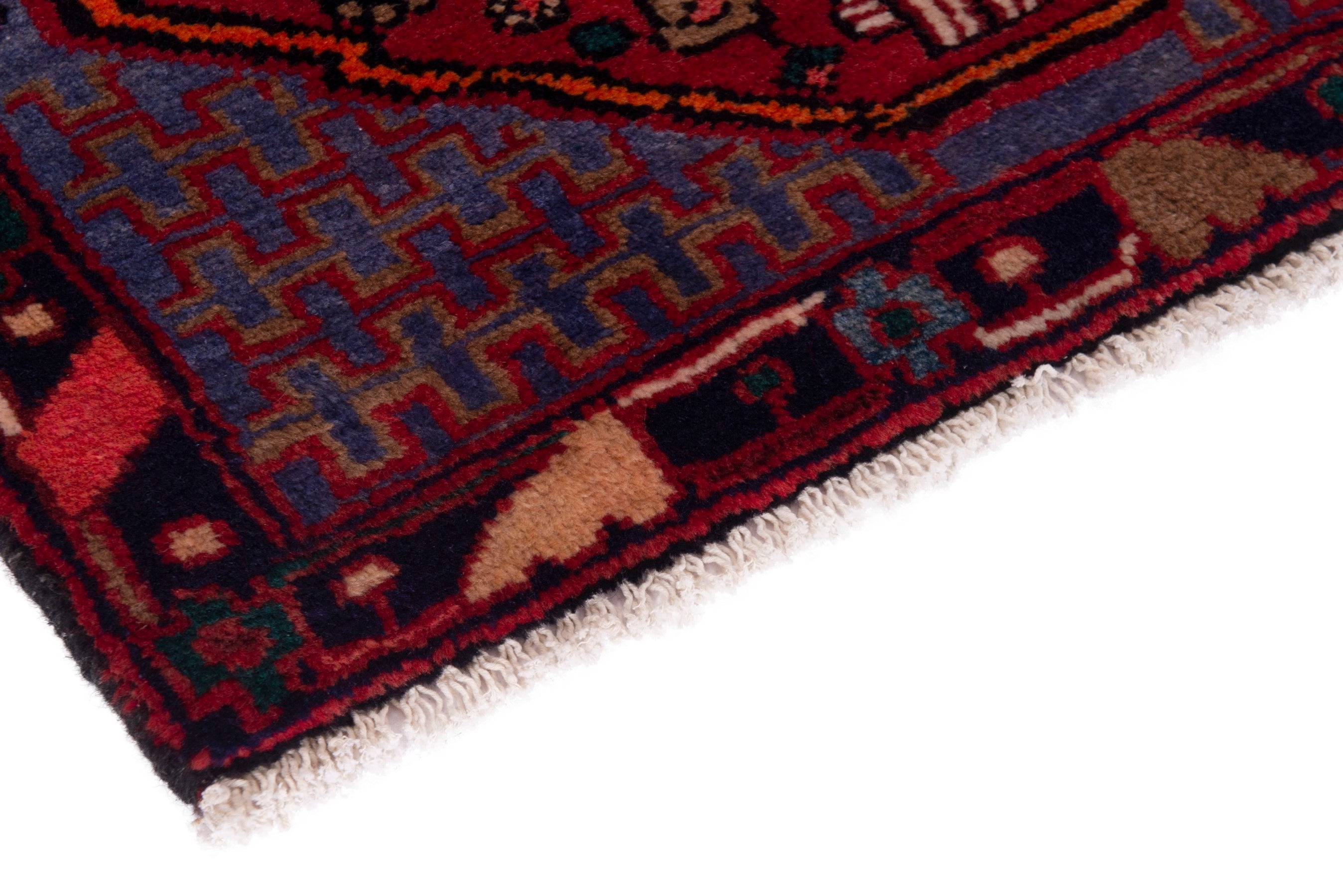Persian Nahavand accent rug in deep red and denim, view 6 of 9