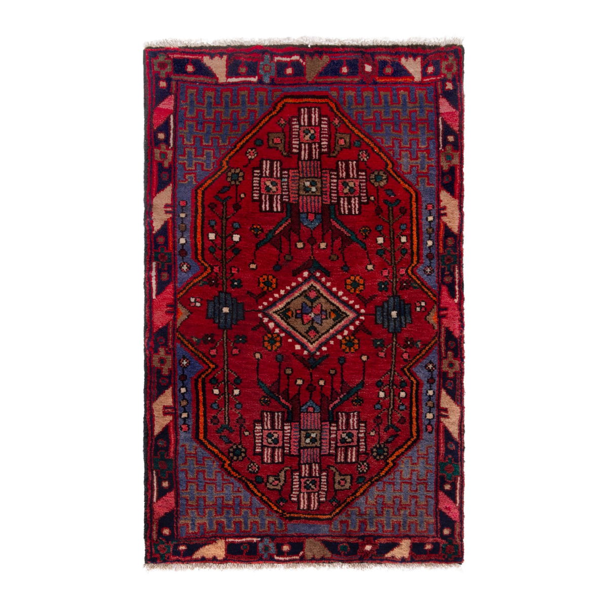 Persian Nahavand accent rug in deep red and denim, 2'2" x 3'2"