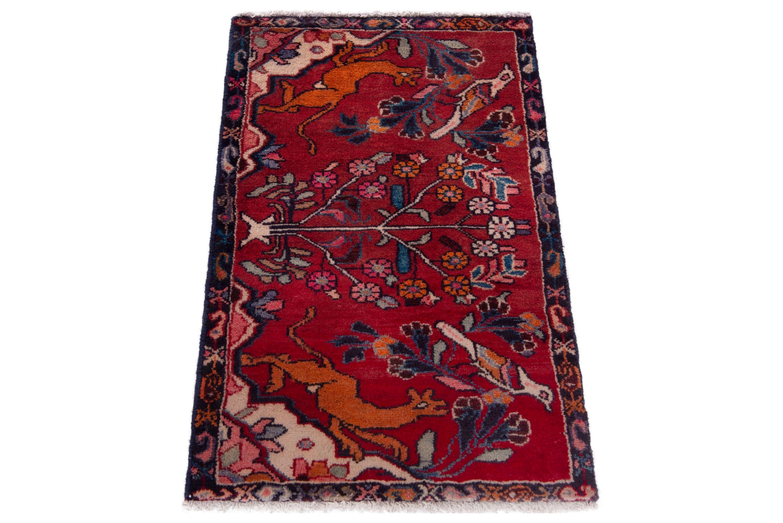 Persian Hamedan accent rug in deep red and navy, view 2 of 7