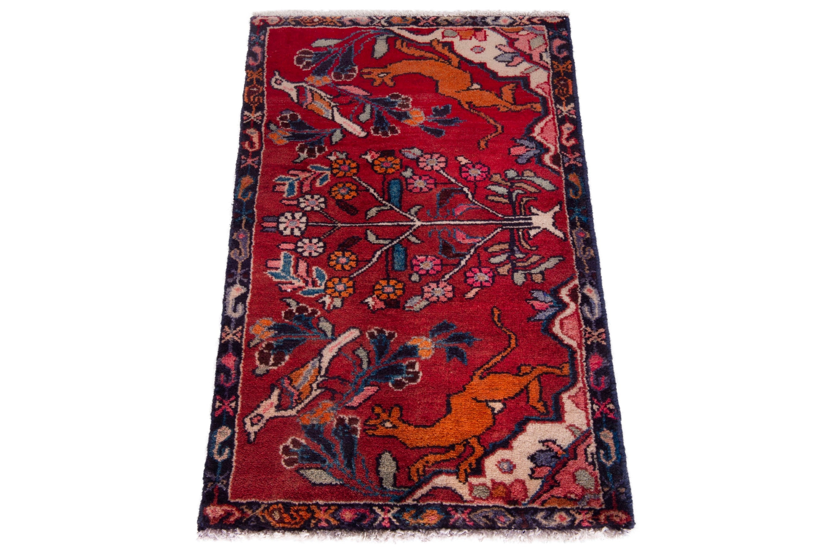 Persian Hamedan accent rug in deep red and navy, view 3 of 7