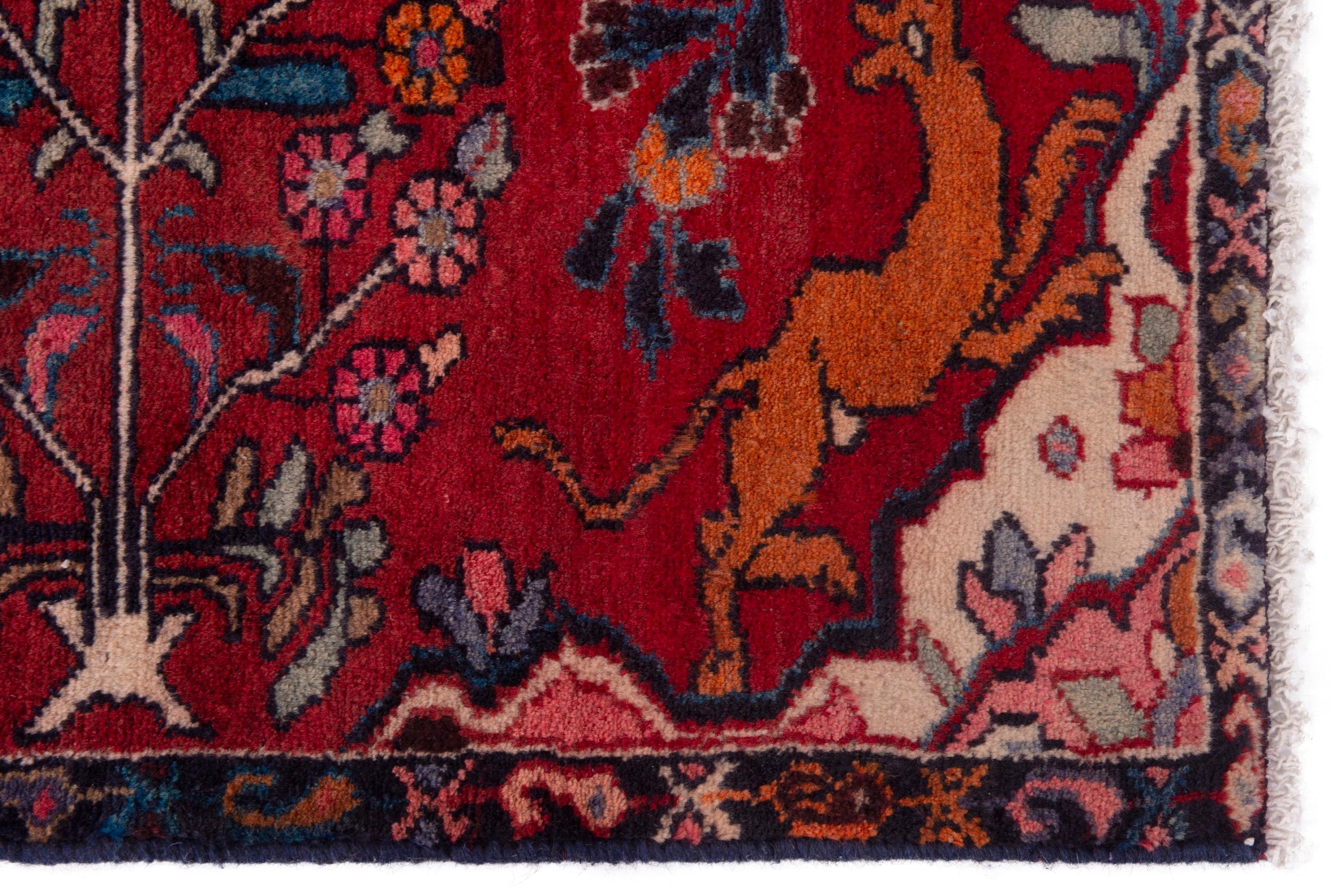 Persian Hamedan accent rug in deep red and navy, view 4 of 7