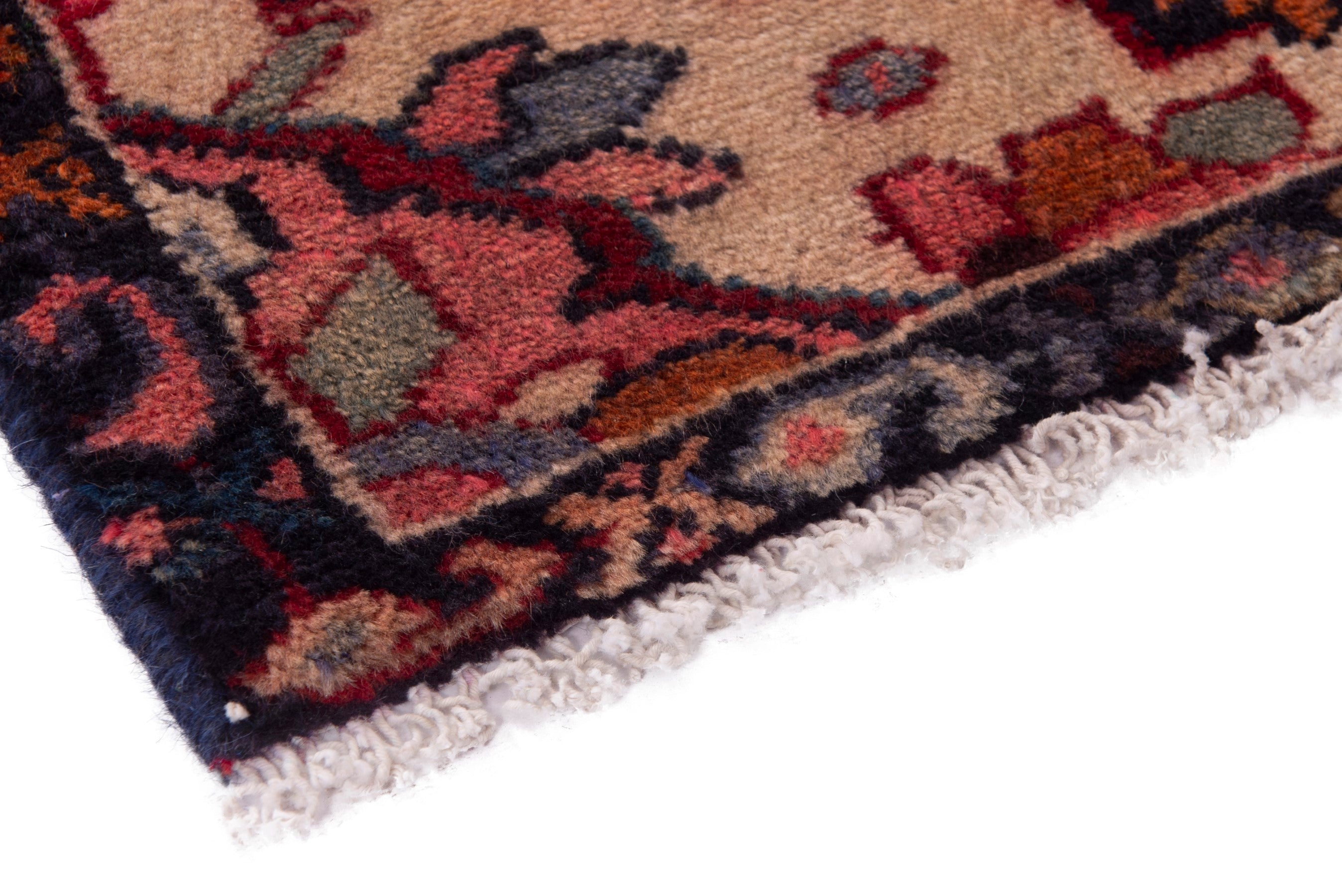 Persian Hamedan accent rug in deep red and navy, view 5 of 7