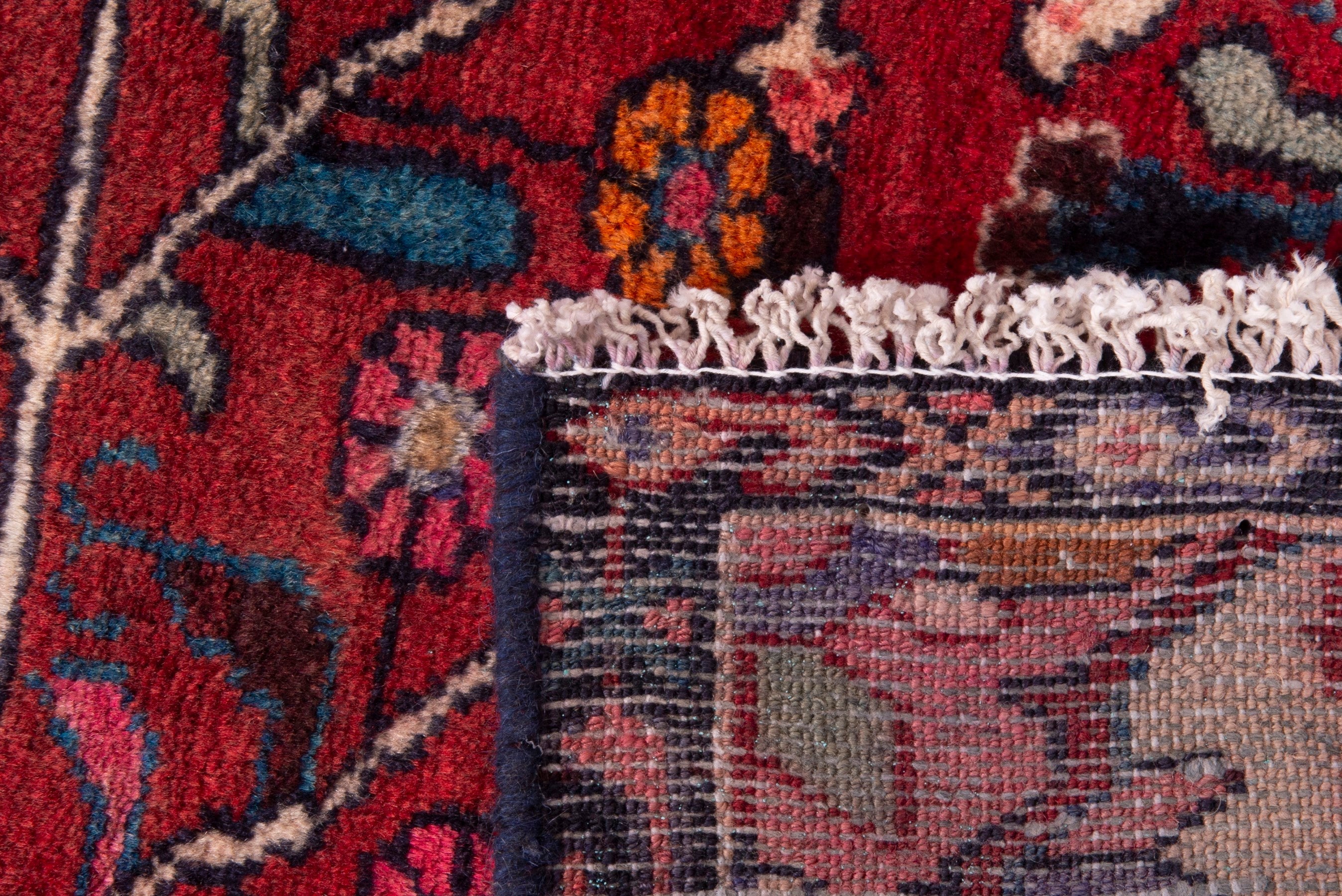 Persian Hamedan accent rug in deep red and navy, view 7 of 7