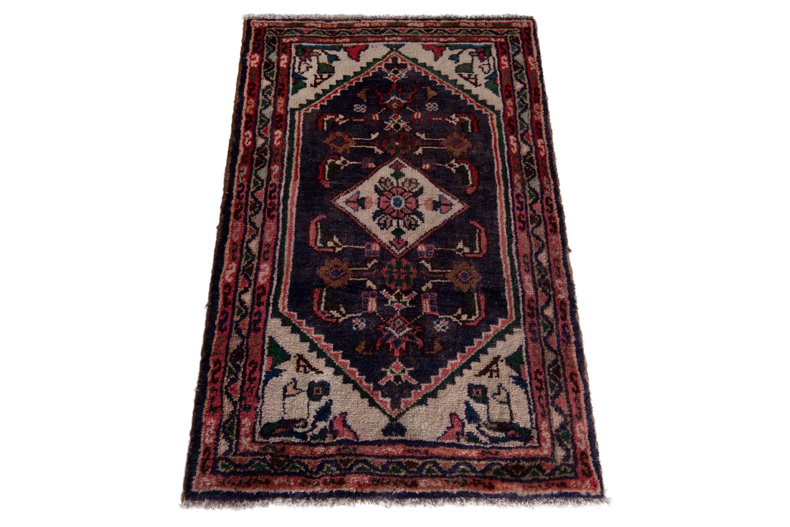 Persian Hamedan accent rug in navy and cream, view 2 of 7