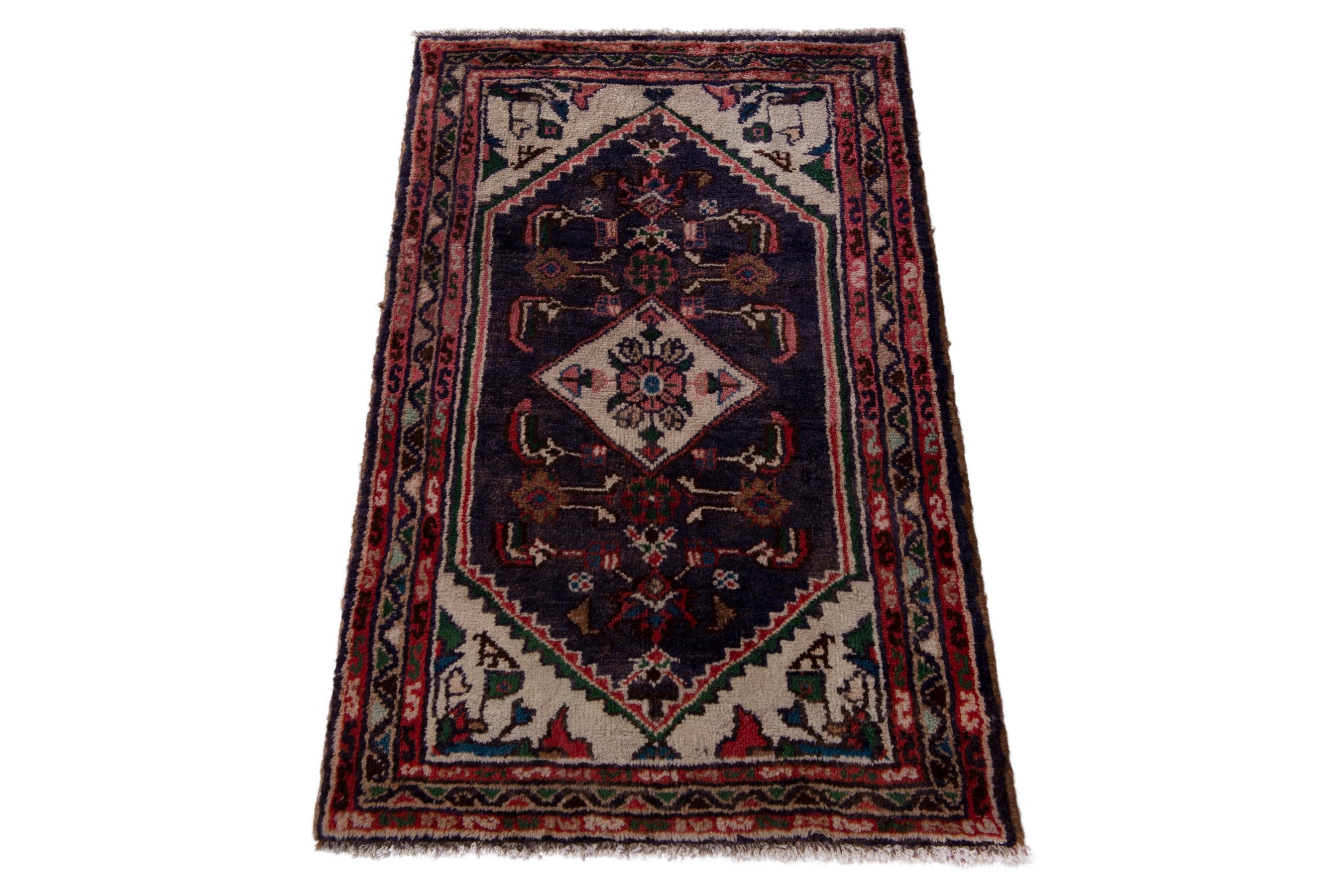 Persian Hamedan accent rug in navy and cream, view 3 of 7