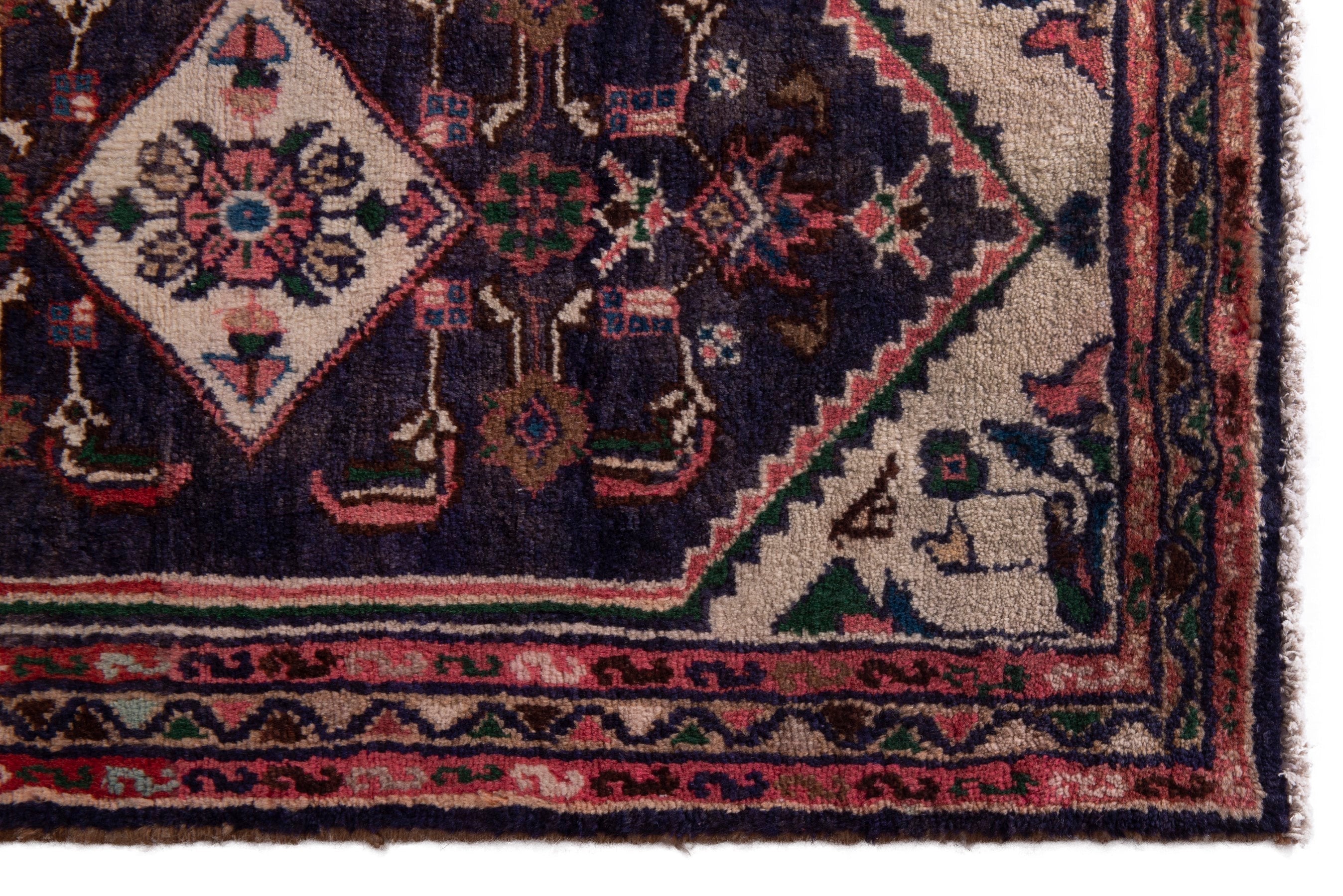 Persian Hamedan accent rug in navy and cream, view 4 of 7
