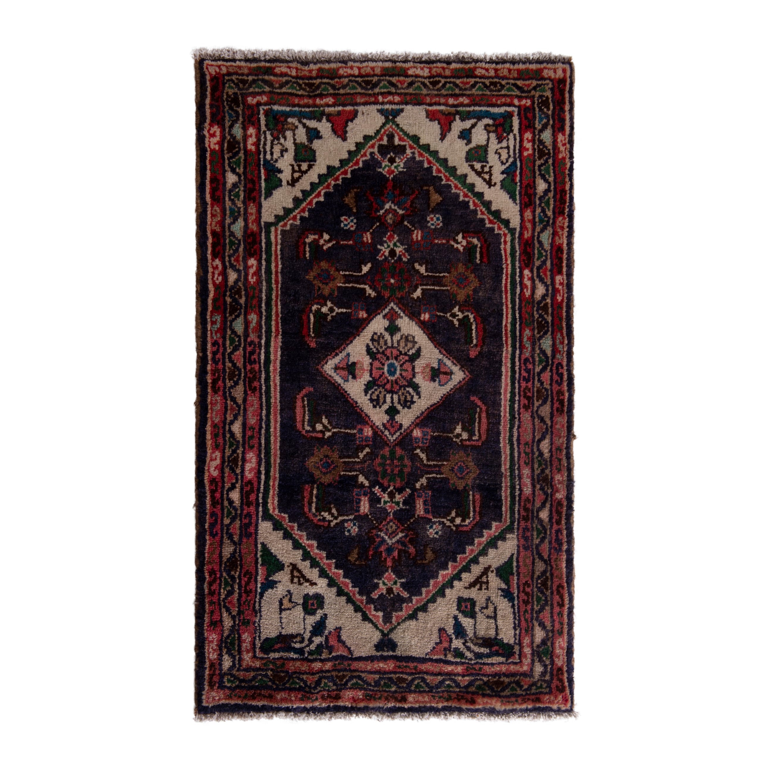 Persian Hamedan accent rug in navy and cream, 2'1" x 3'2"