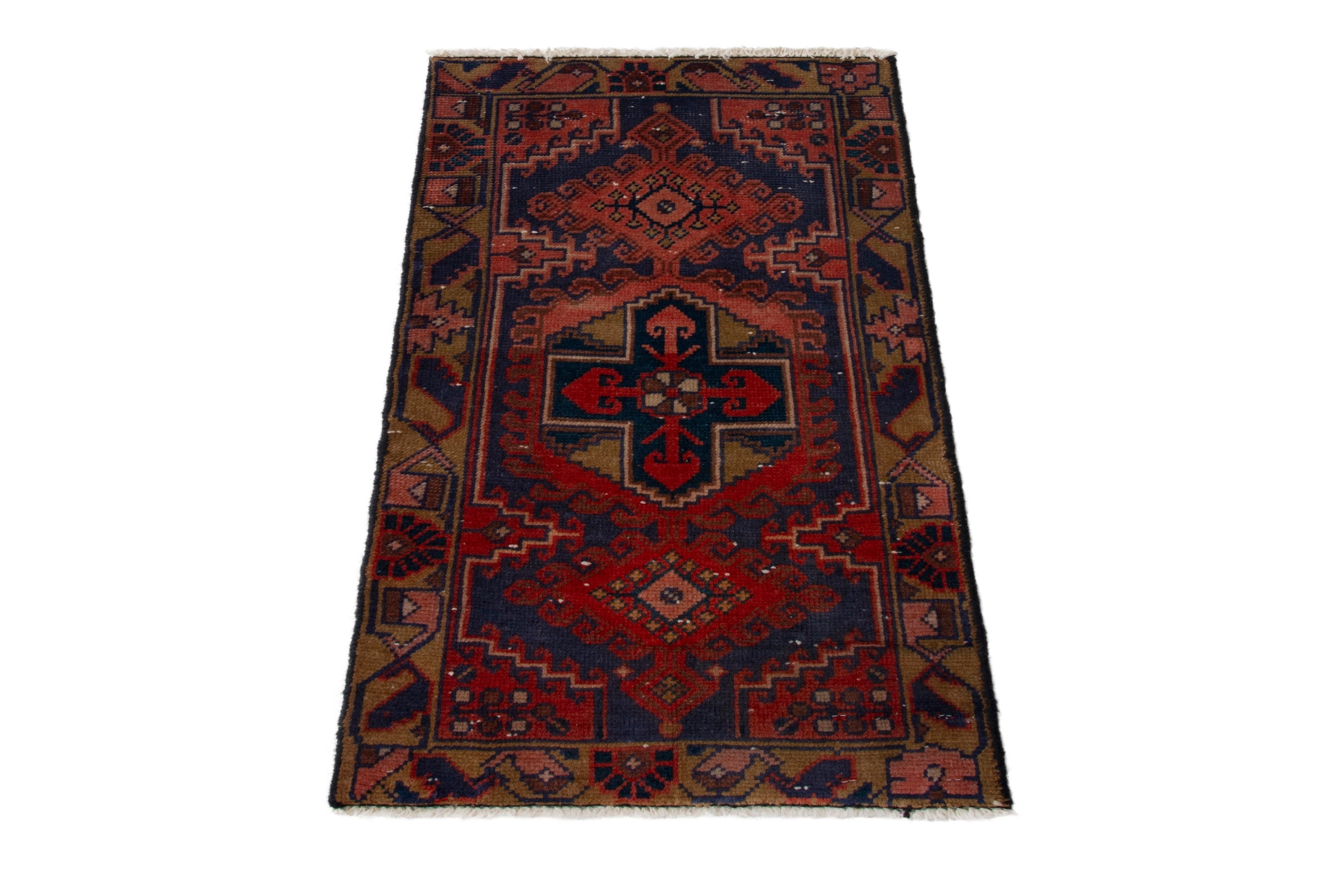 Persian Vist accent rug in deep red and dark blue, view 3 of 8