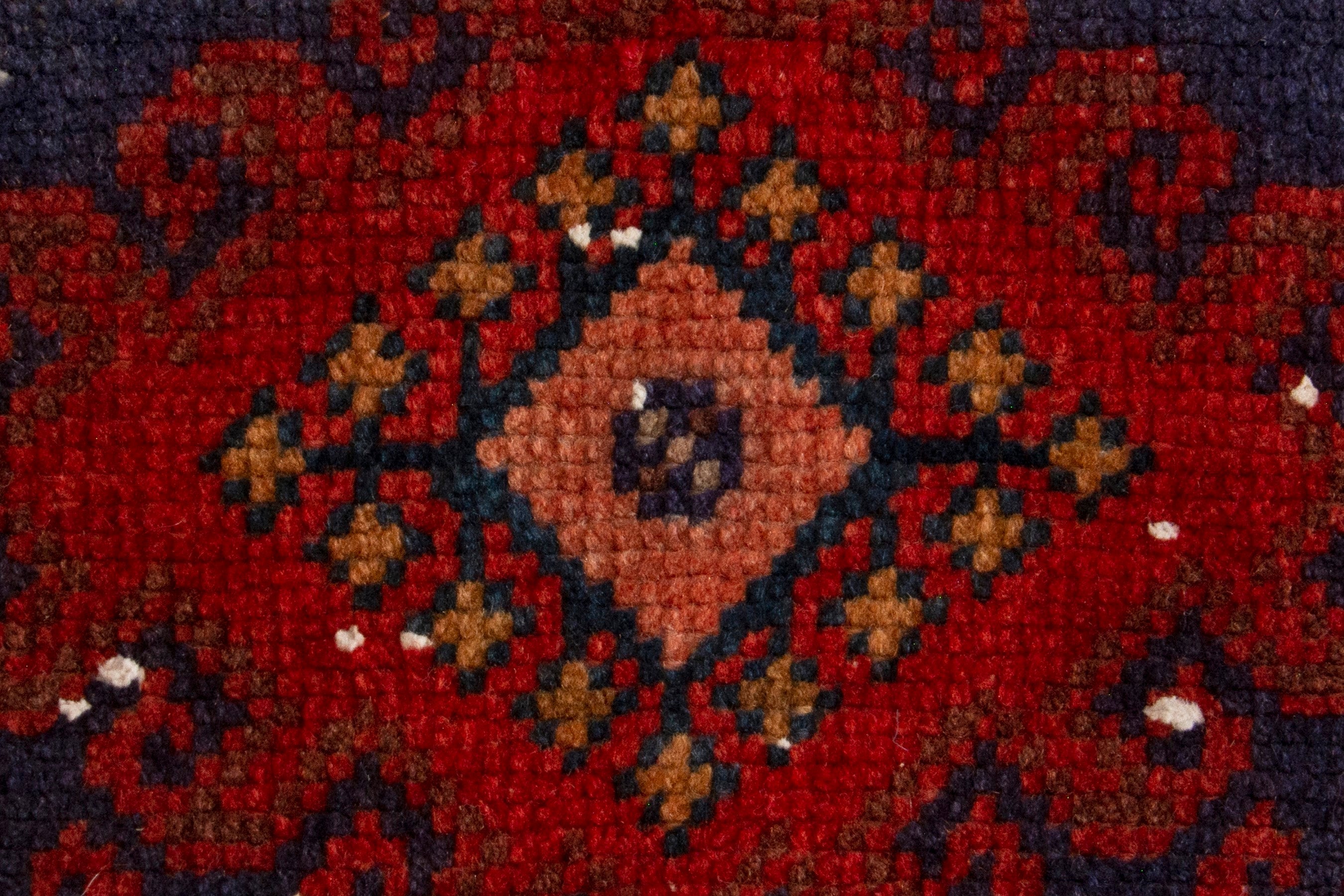Persian Vist accent rug in deep red and dark blue, view 6 of 8
