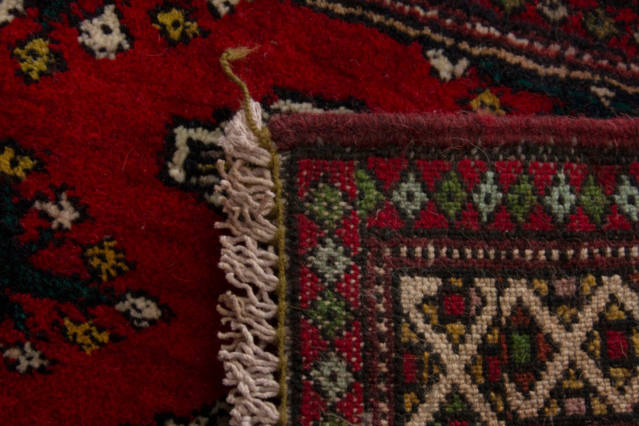 Persian Torkaman accent rug in deep red and gold, view 7 of 7