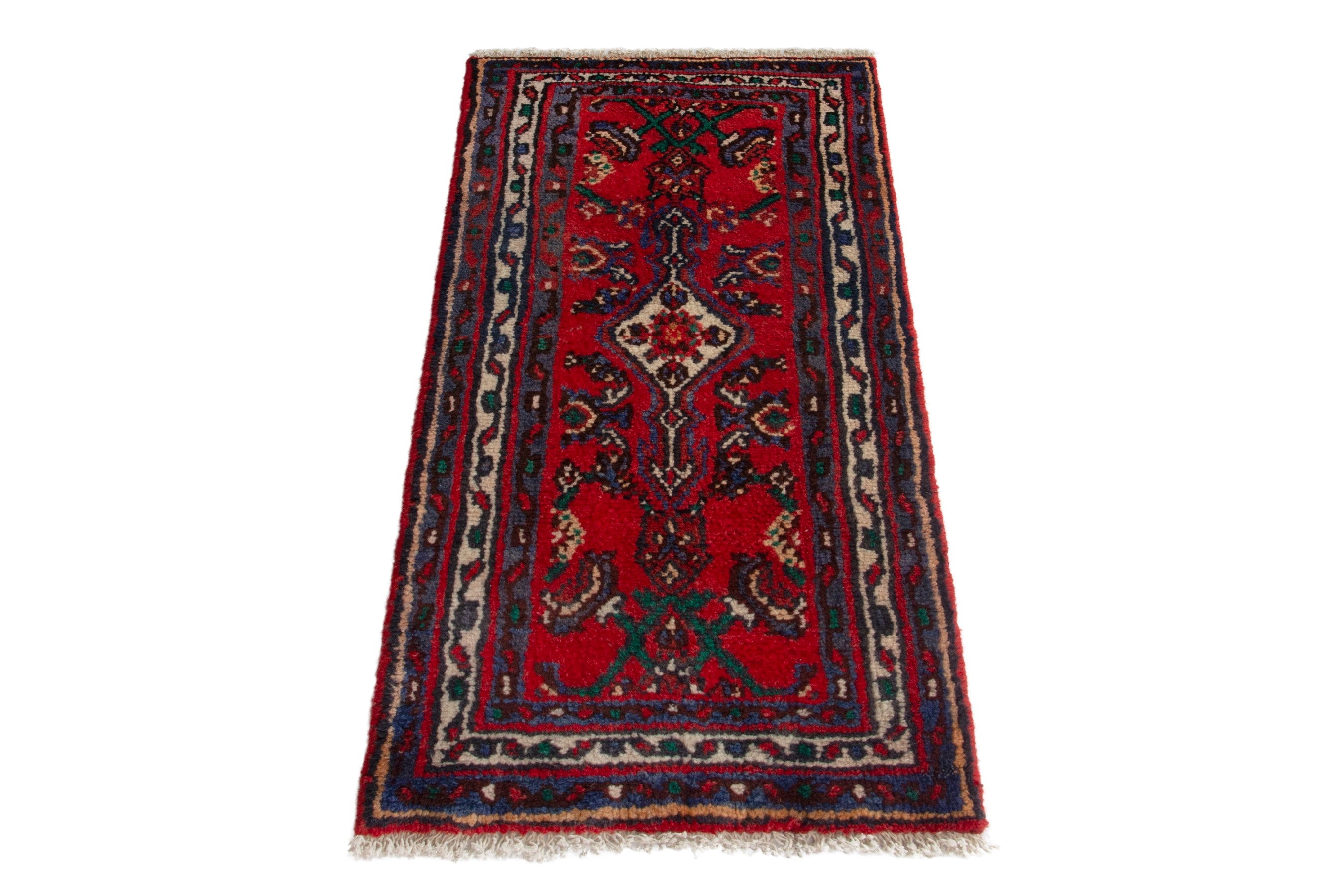 Persian Hamedan accent rug in deep red and navy, view 2 of 8