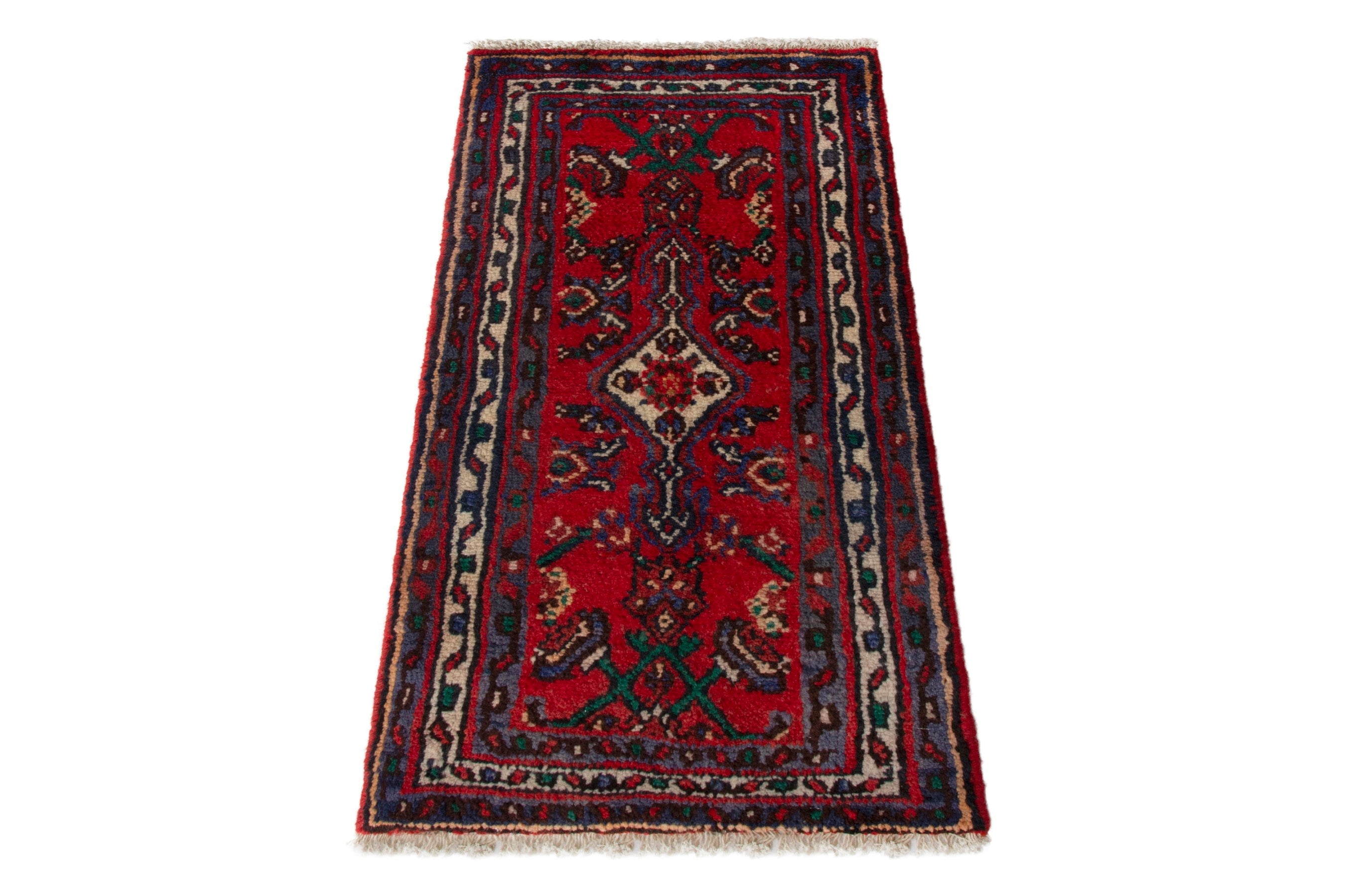 Persian Hamedan accent rug in deep red and navy, view 3 of 8