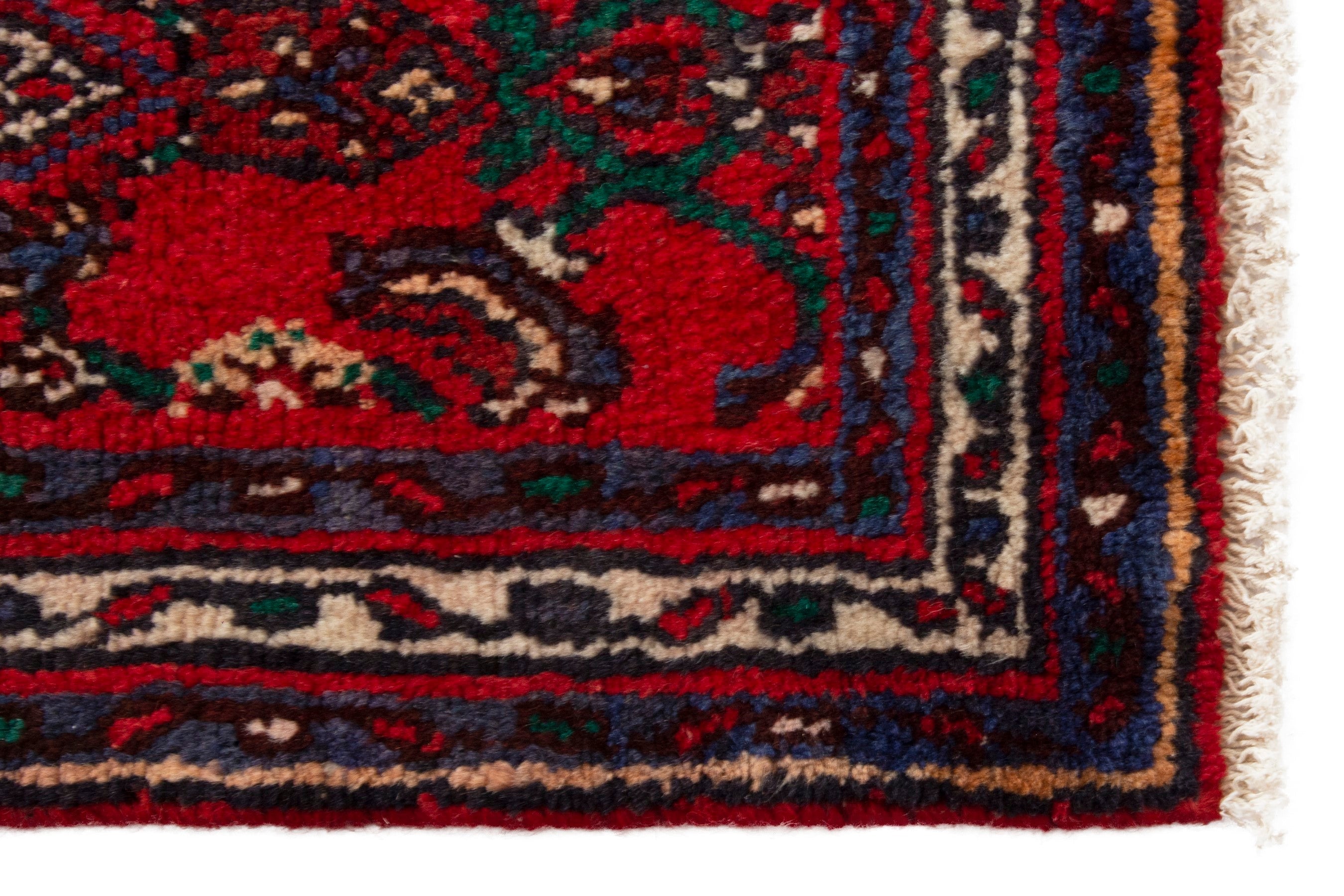 Persian Hamedan accent rug in deep red and navy, view 4 of 8
