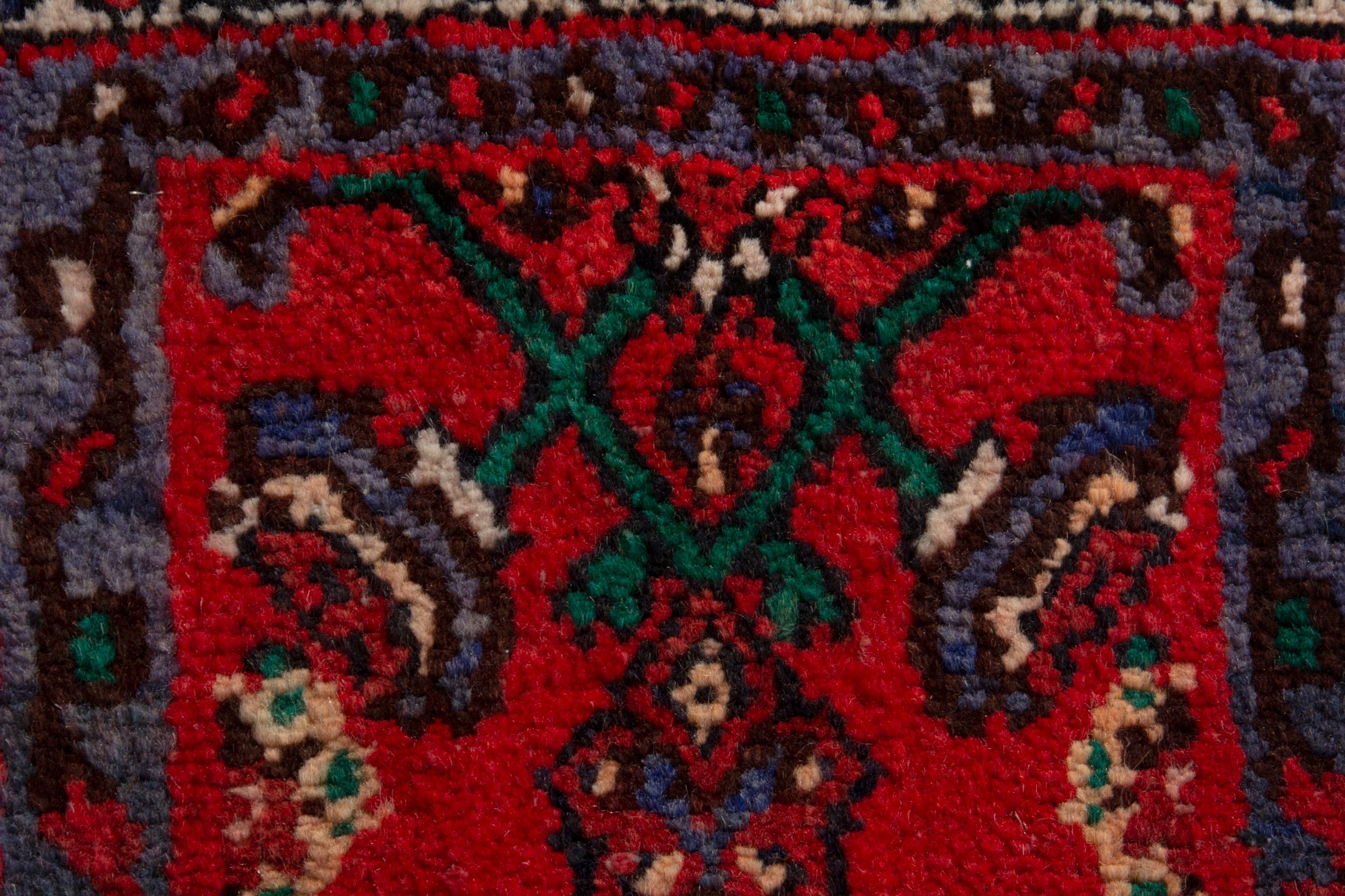 Persian Hamedan accent rug in deep red and navy, view 6 of 8