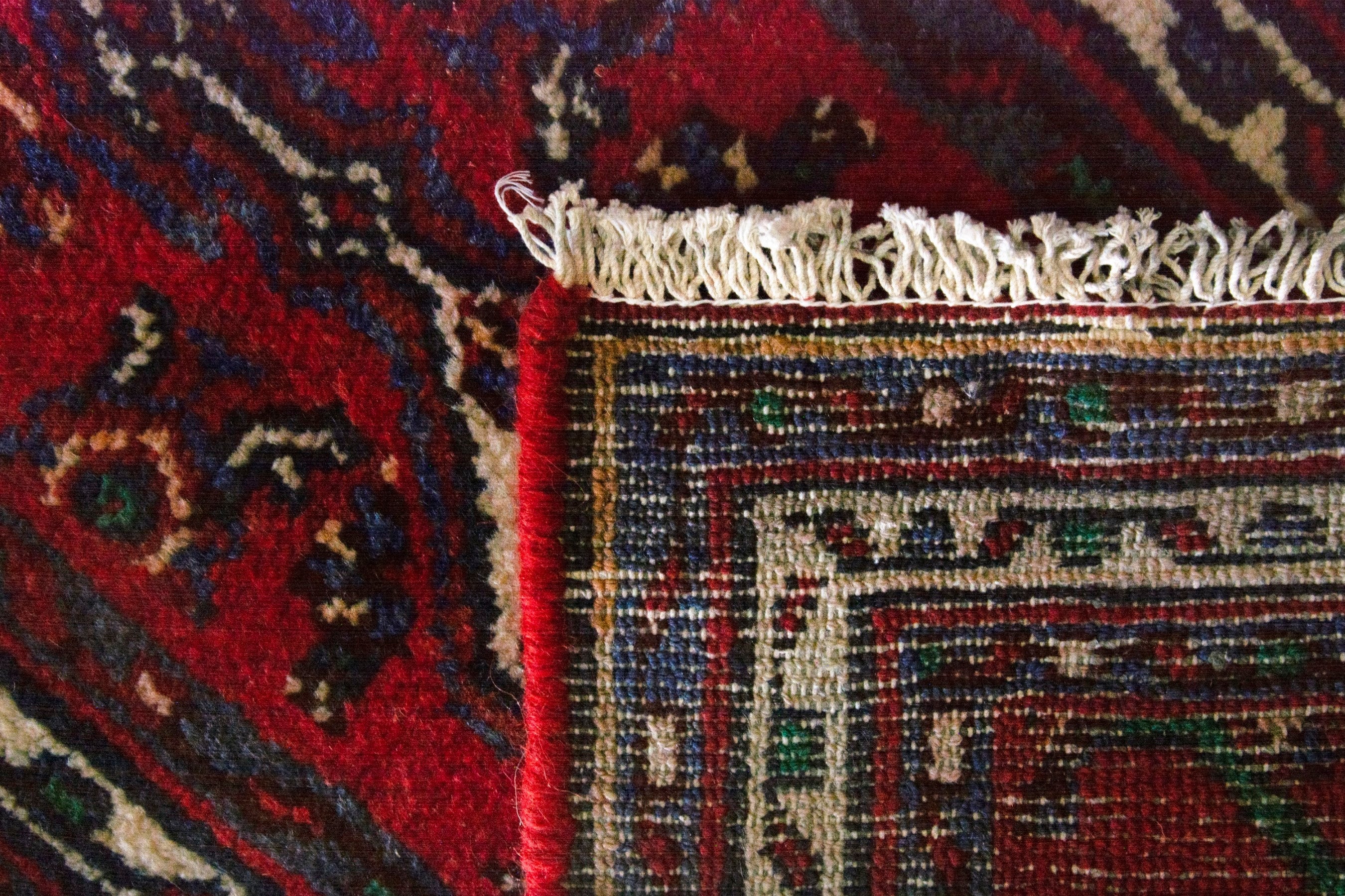 Persian Hamedan accent rug in deep red and navy, view 8 of 8