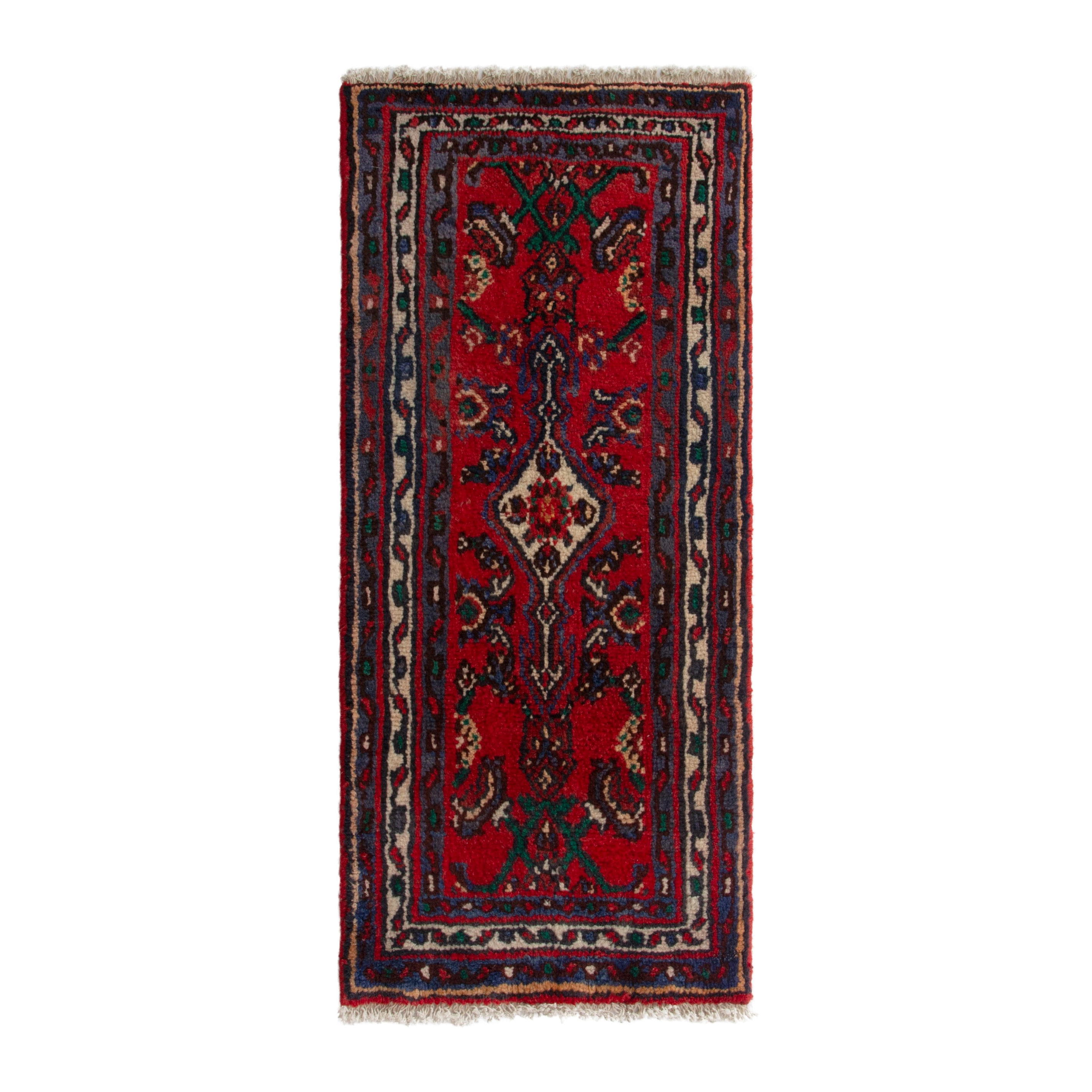Persian Hamedan accent rug in deep red and navy, 1'8" x 3'5"