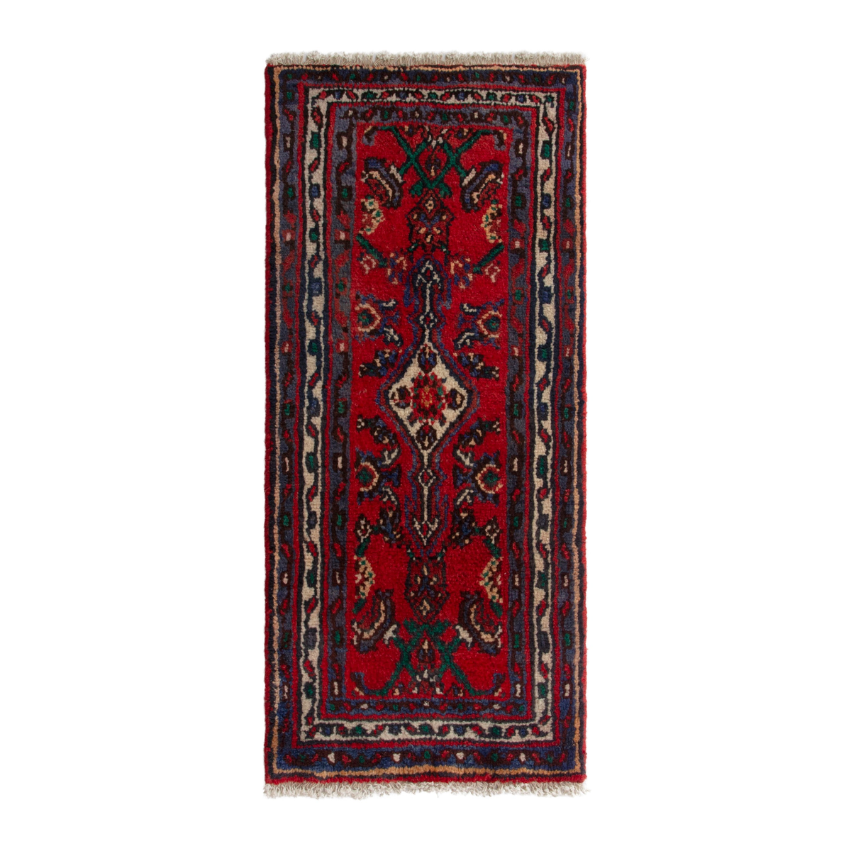 Persian Hamedan accent rug in deep red and navy, 1'8" x 3'5"