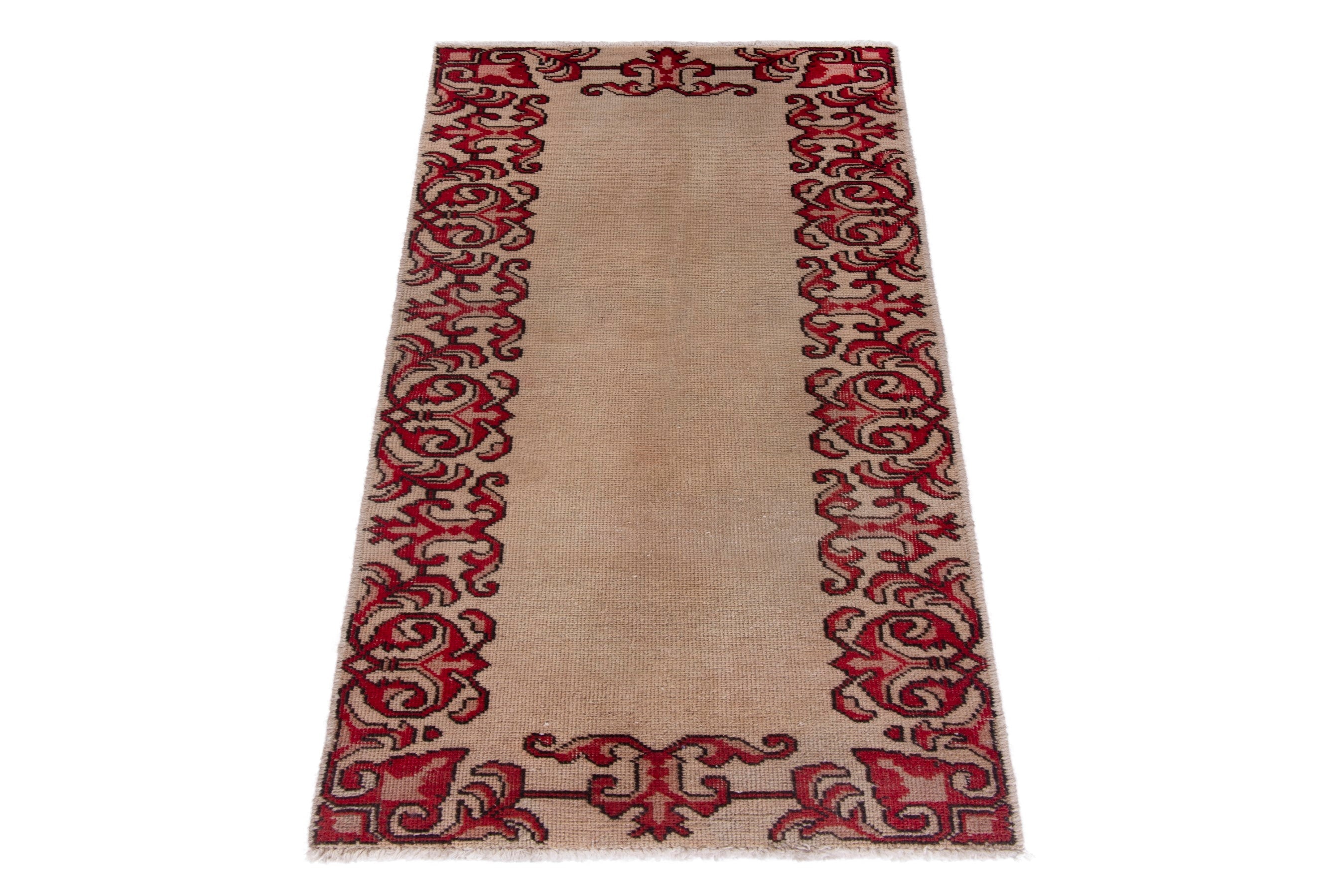 Persian Tabriz accent rug in beige and burgundy, view 3 of 7