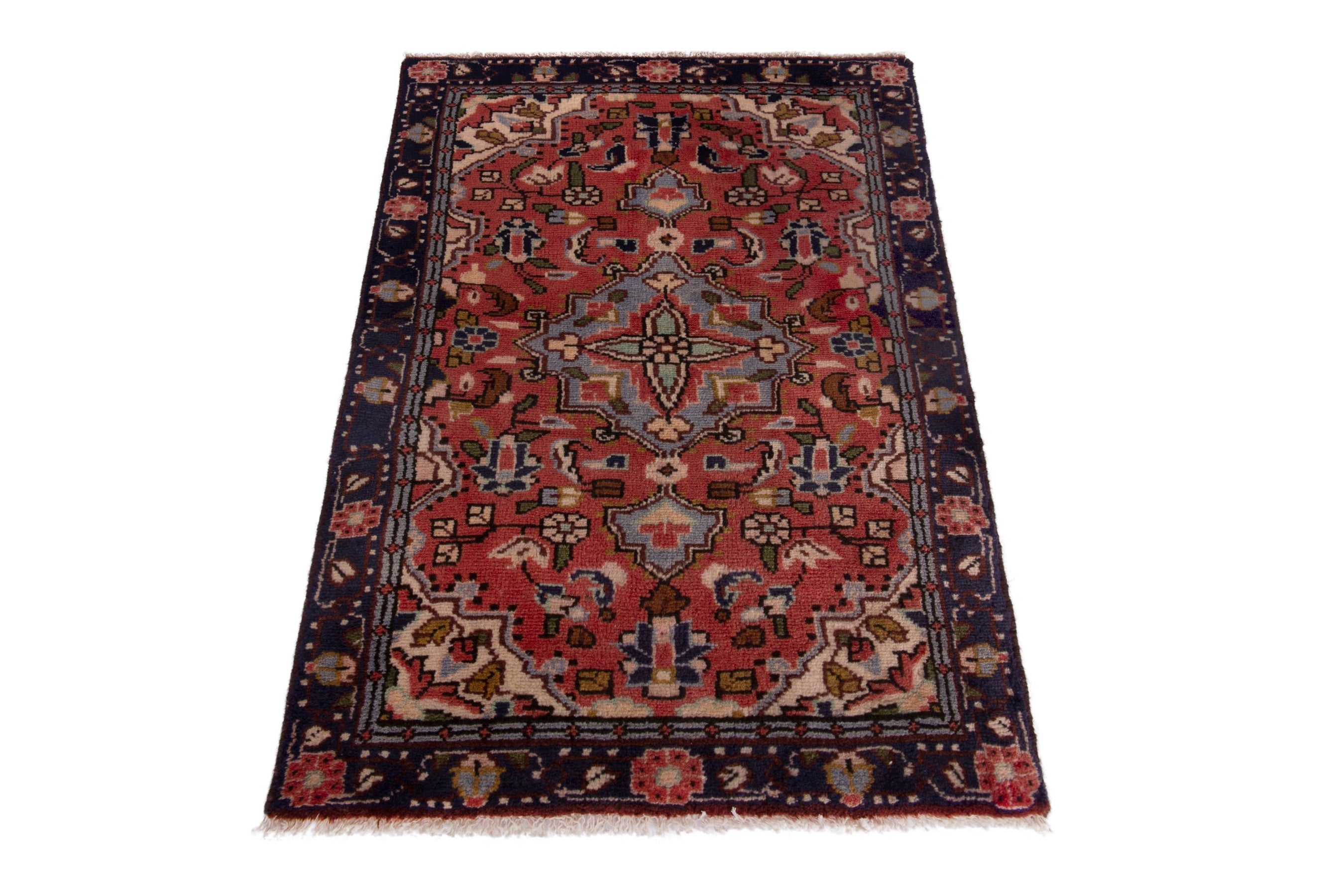 Persian Hamedan accent rug in deep red and navy, view 2 of 7