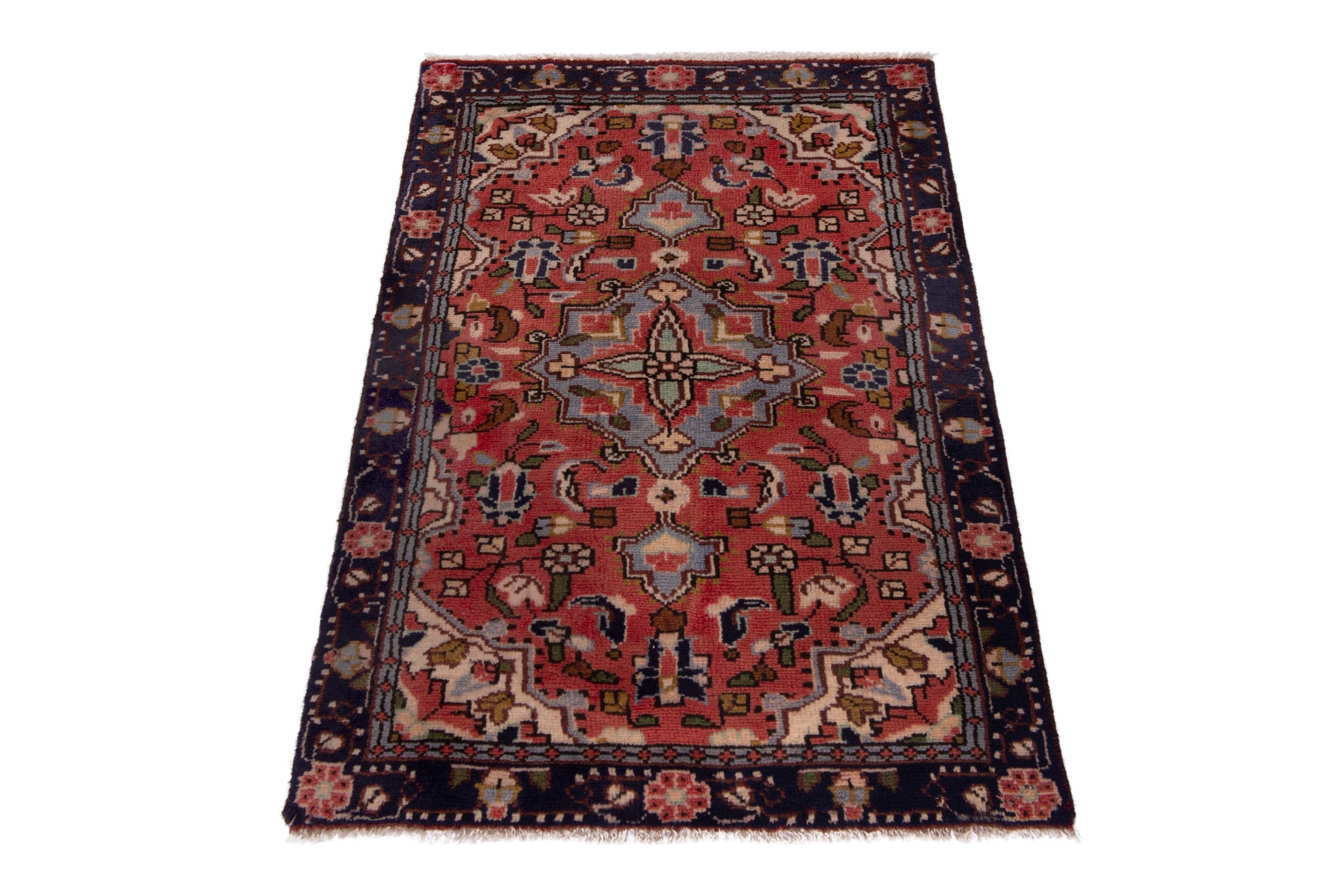 Persian Hamedan accent rug in deep red and navy, view 3 of 7