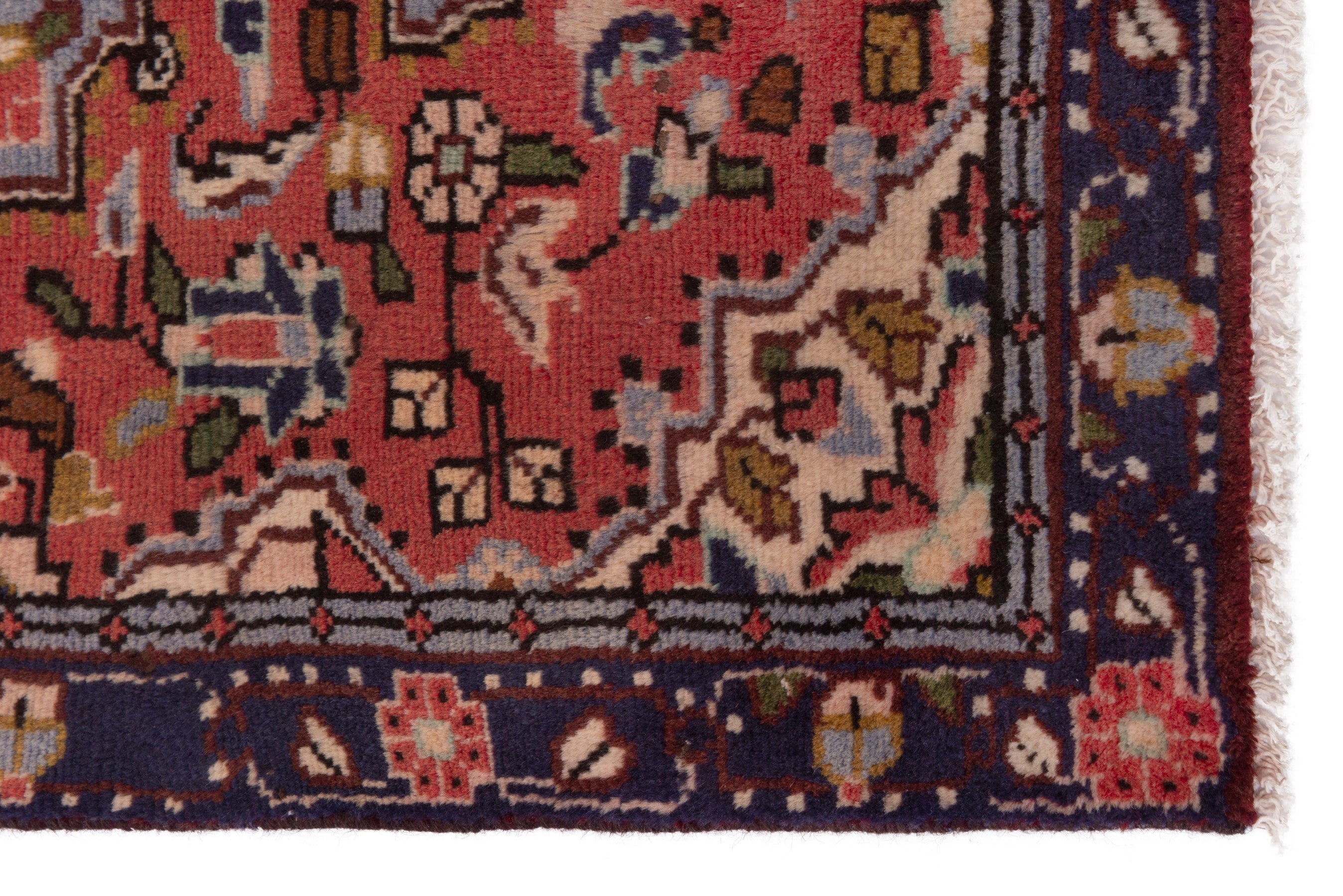 Persian Hamedan accent rug in deep red and navy, view 4 of 7
