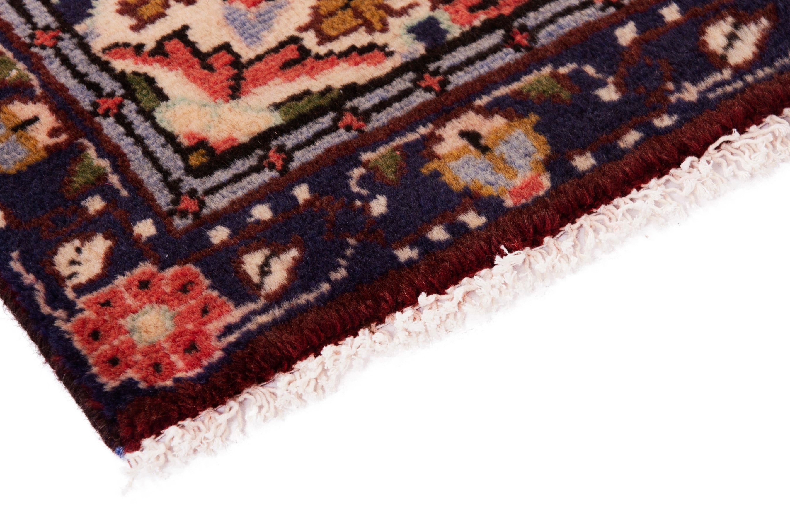 Persian Hamedan accent rug in deep red and navy, view 5 of 7