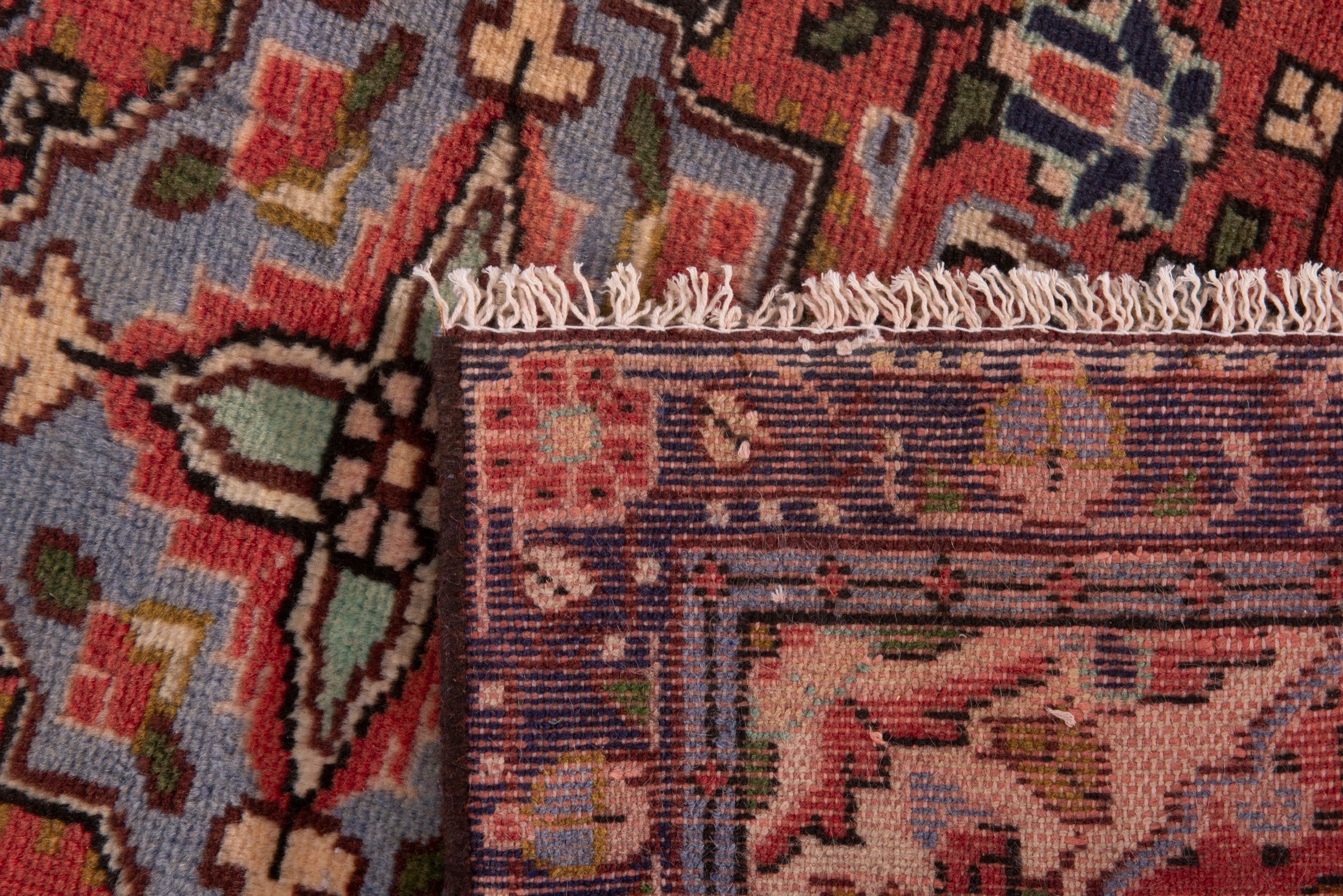 Persian Hamedan accent rug in deep red and navy, view 7 of 7
