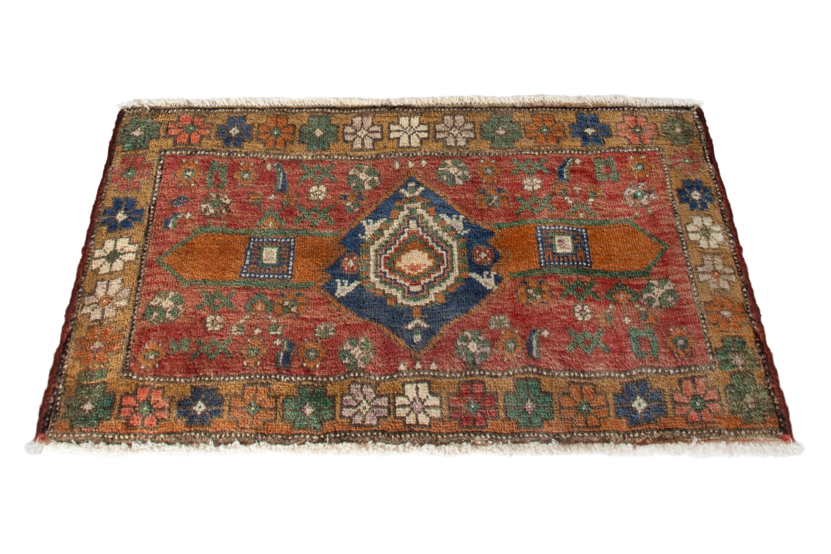 Persian Azerbaijan accent rug in rust and dark blue, view 2 of 8
