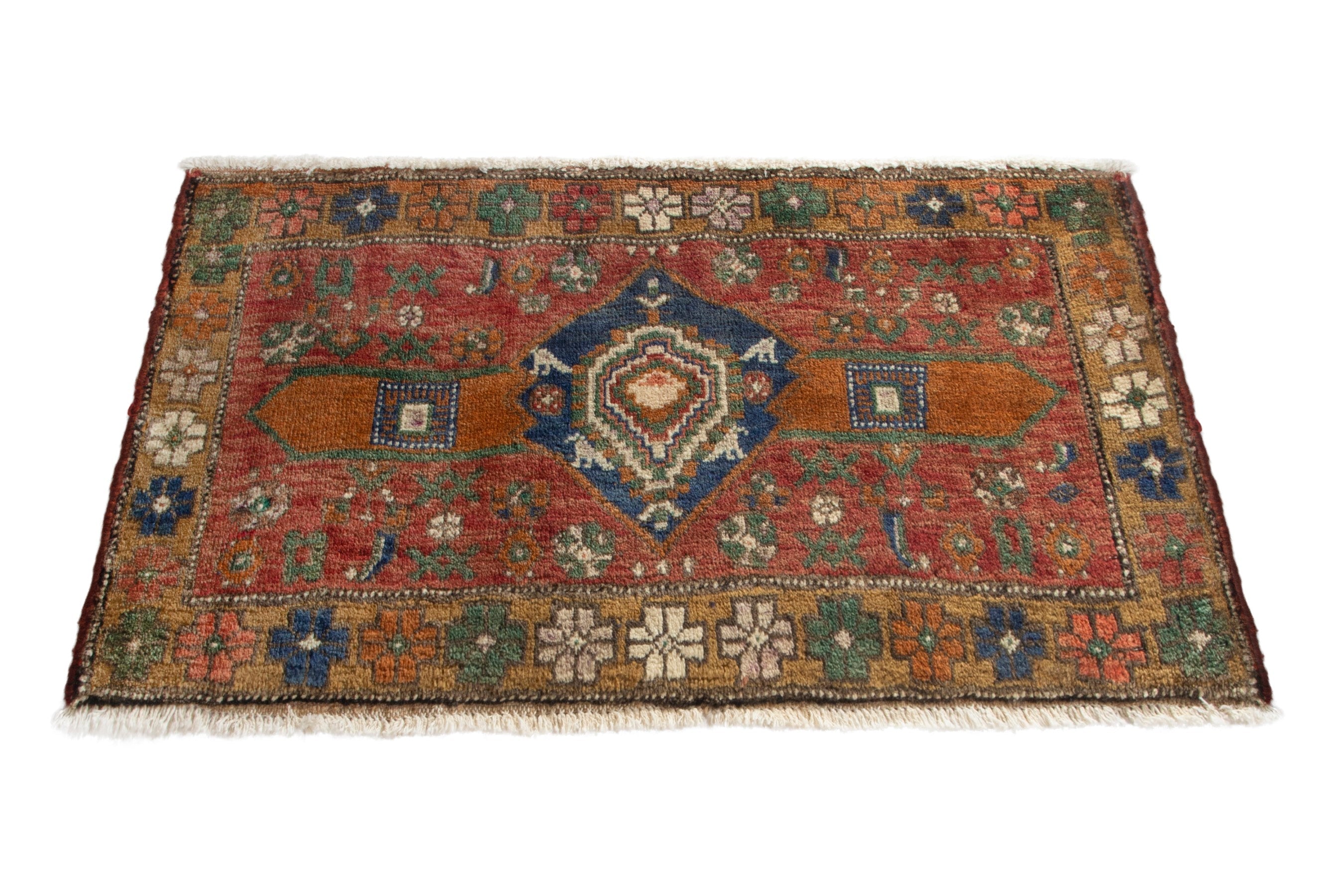 Persian Azerbaijan accent rug in rust and dark blue, view 3 of 8