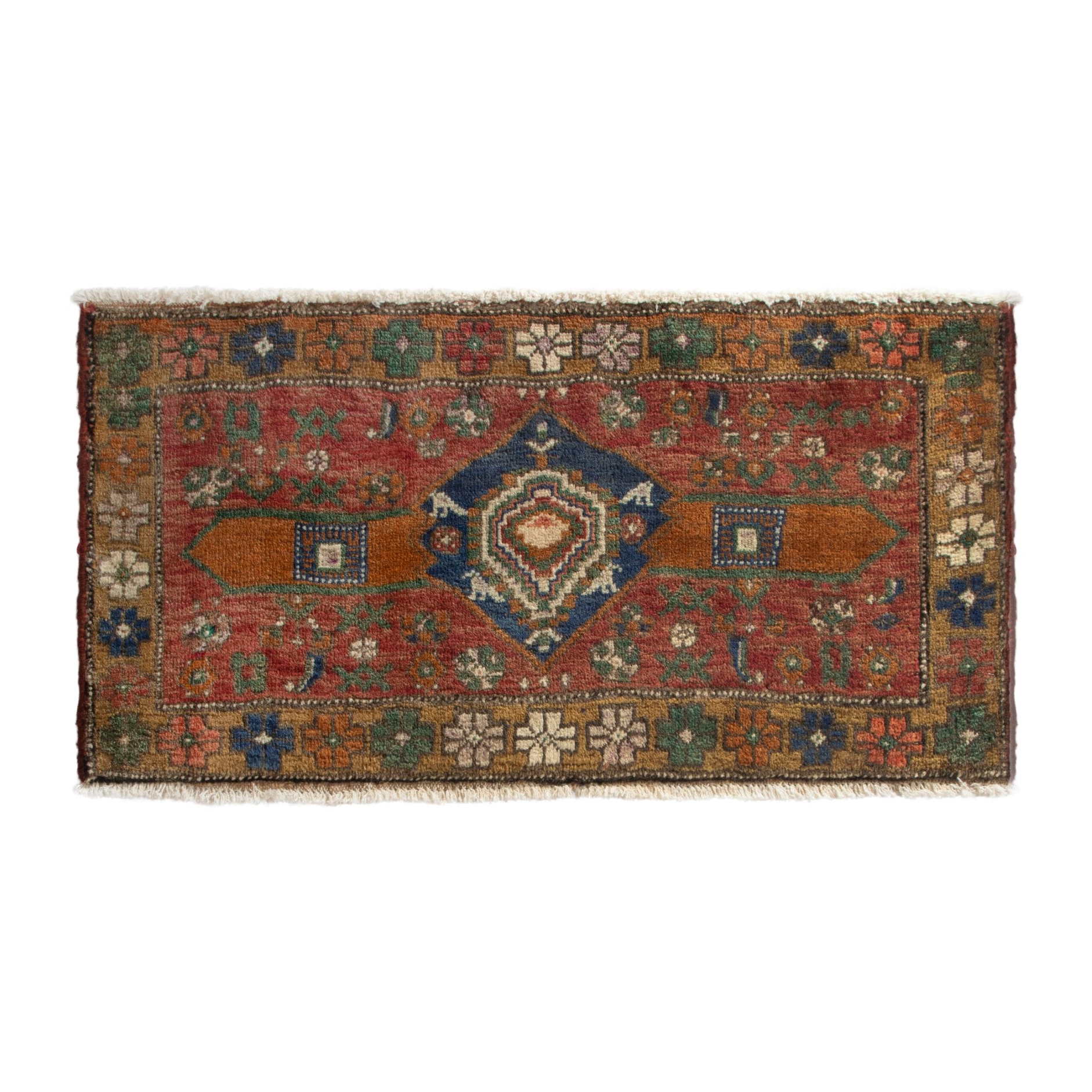 Persian Azerbaijan accent rug in rust and dark blue, 3'8" x 1'8"