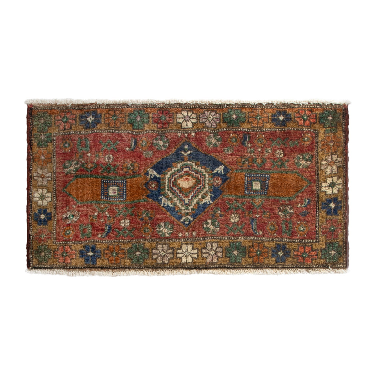 Persian Azerbaijan accent rug in rust and dark blue, 3'8" x 1'8"