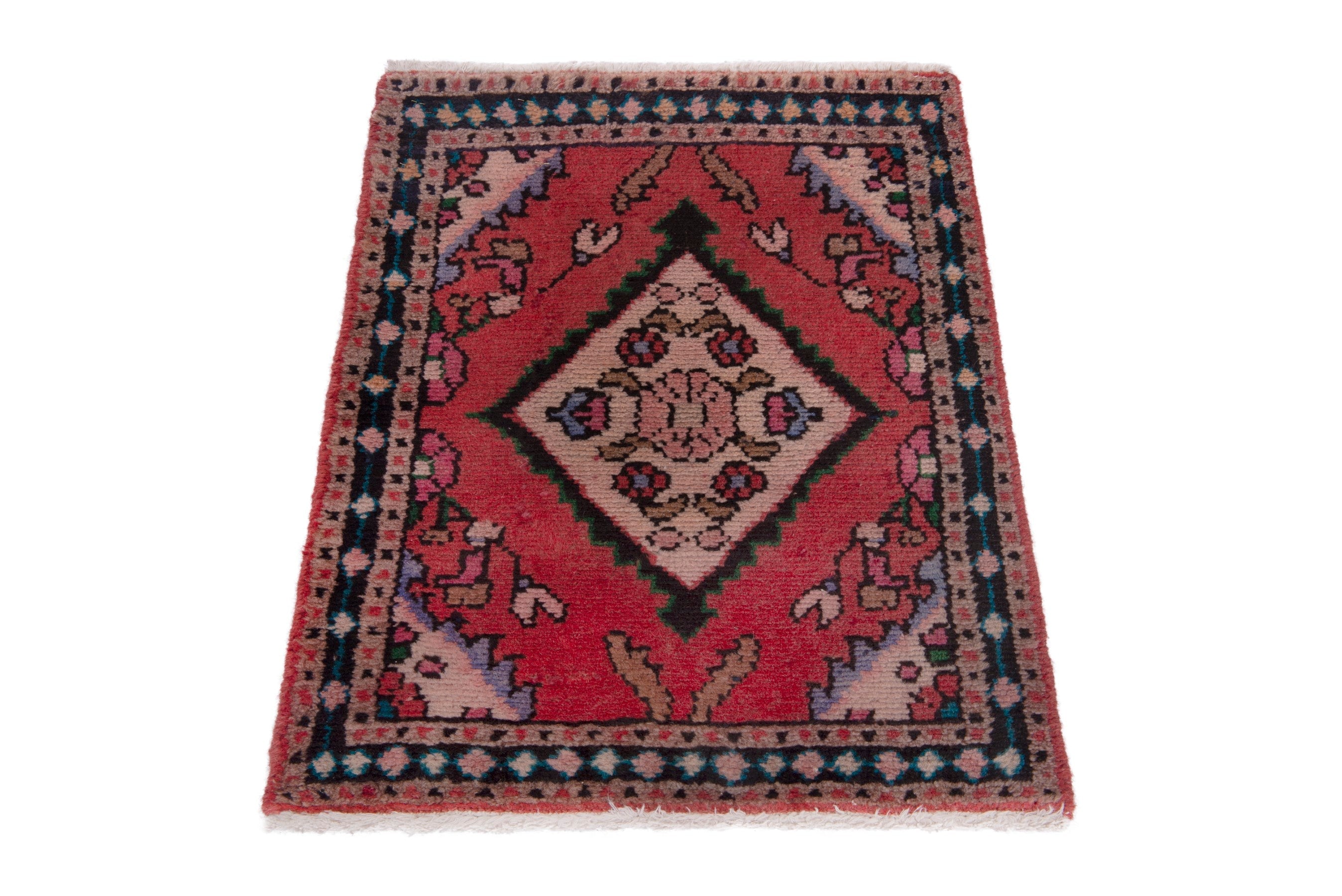 Persian Hamedan accent rug in deep red and navy, view 2 of 7