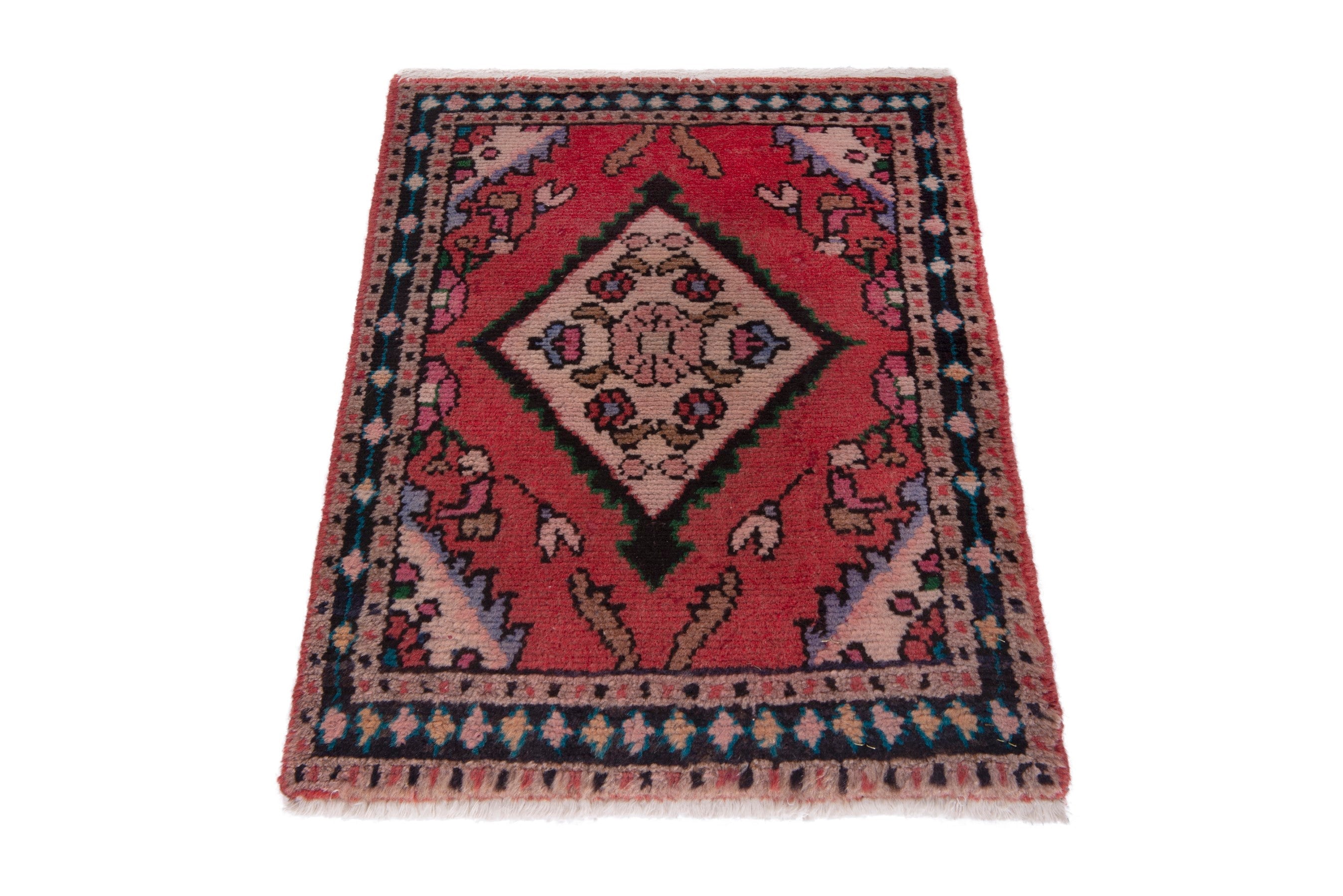 Persian Hamedan accent rug in deep red and navy, view 3 of 7