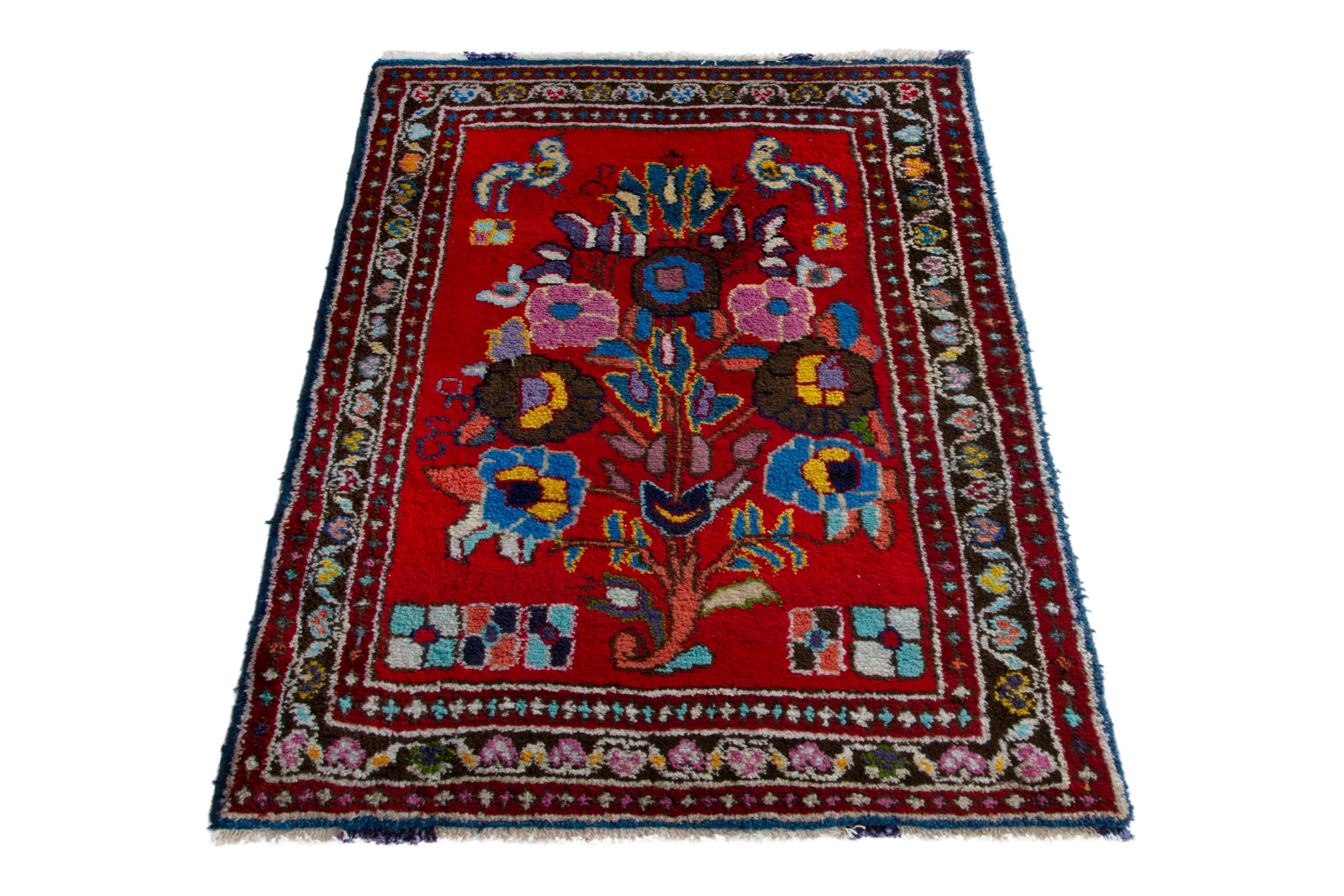 Persian Hamedan accent rug in deep red and burgundy, view 2 of 8
