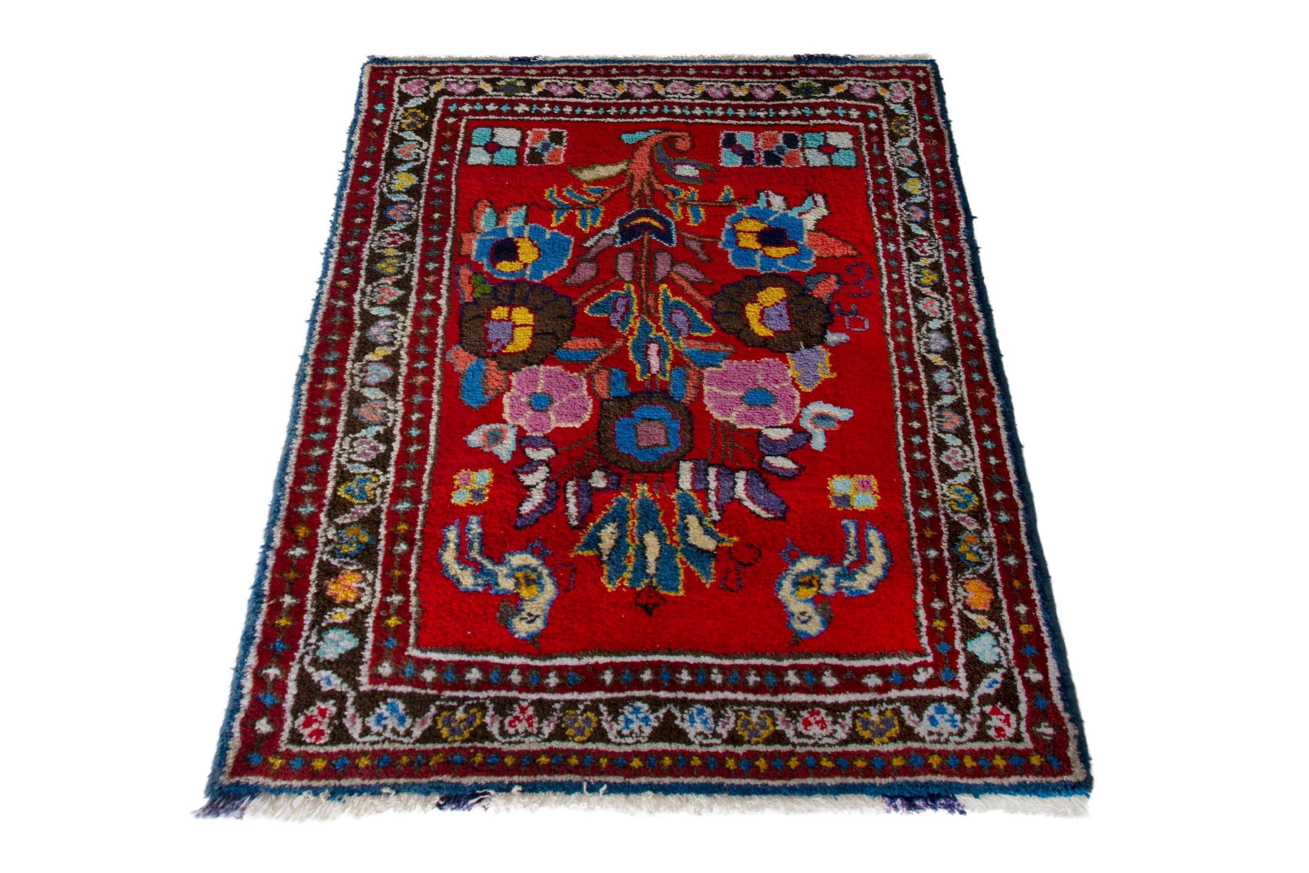 Persian Hamedan accent rug in deep red and burgundy, view 3 of 8