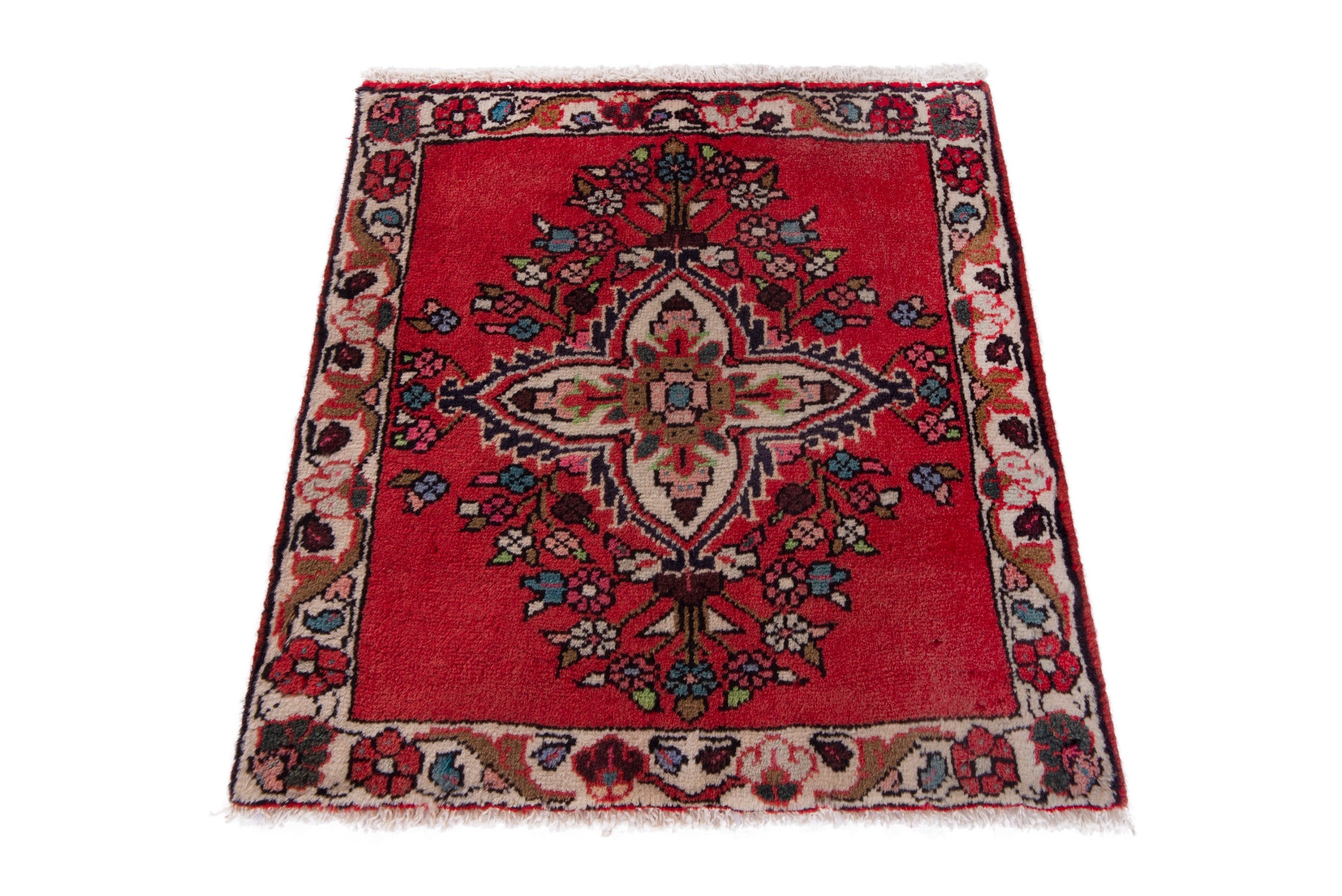Persian Hamedan accent rug in deep red and faded red, view 2 of 7