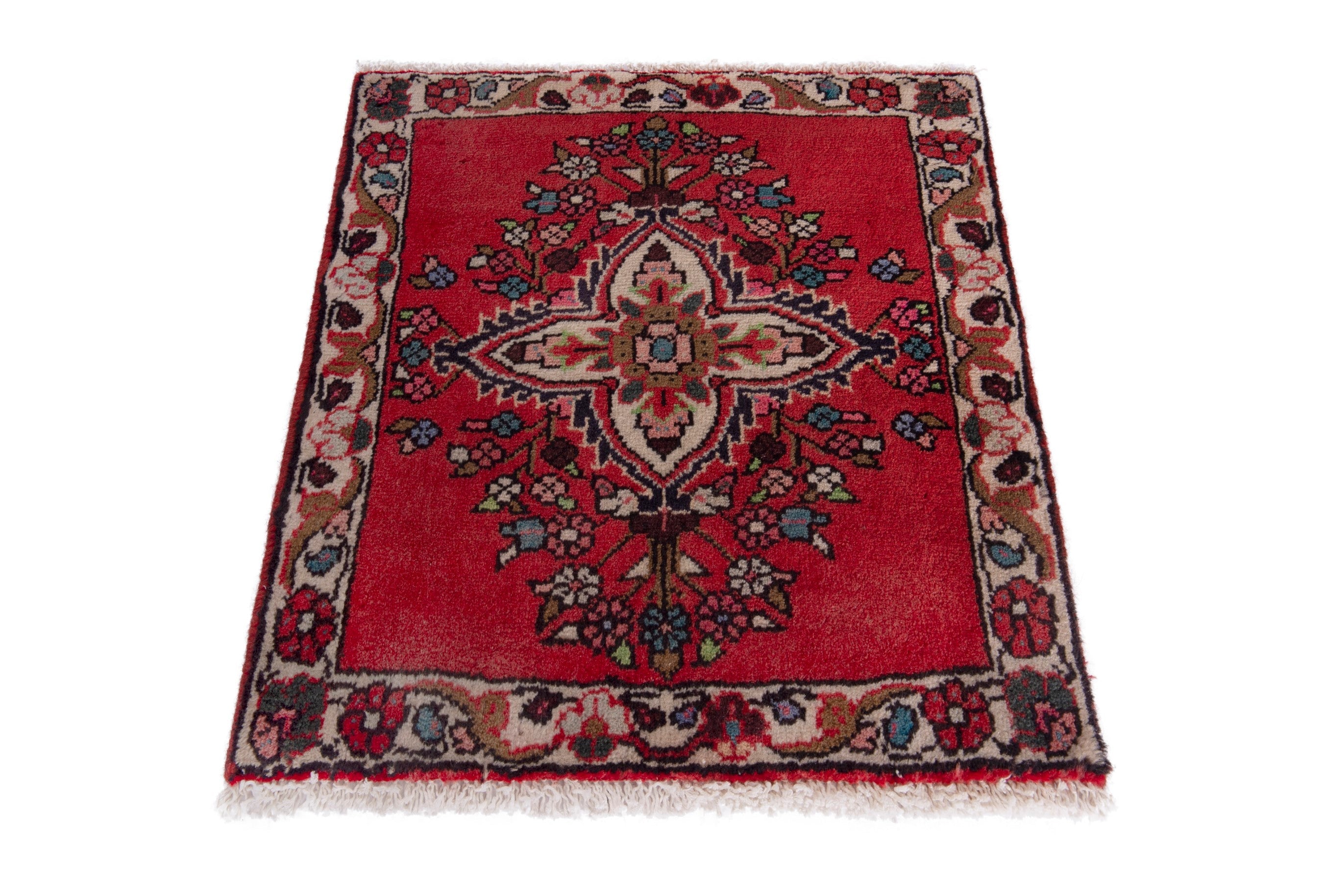 Persian Hamedan accent rug in deep red and faded red, view 3 of 7