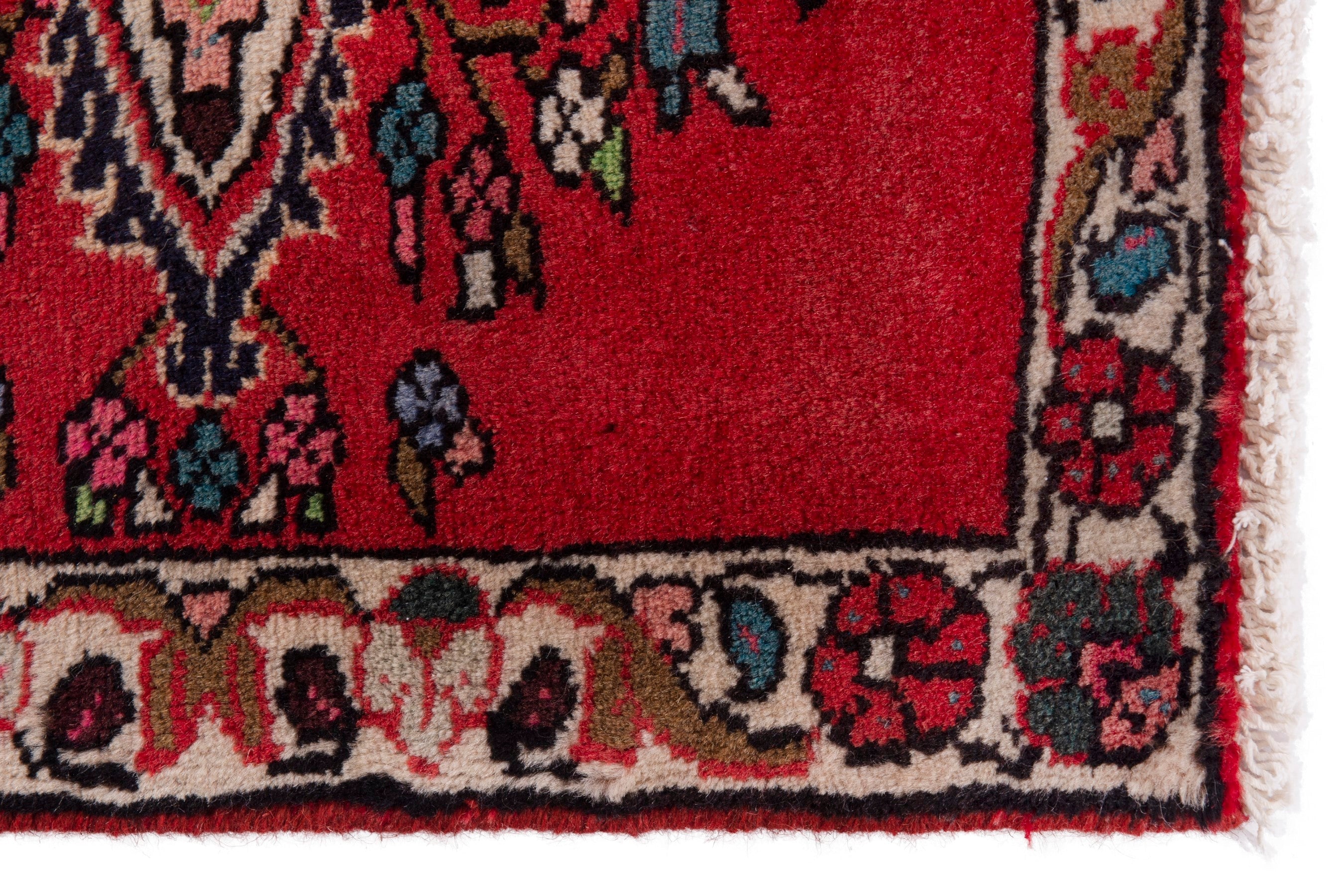 Persian Hamedan accent rug in deep red and faded red, view 4 of 7