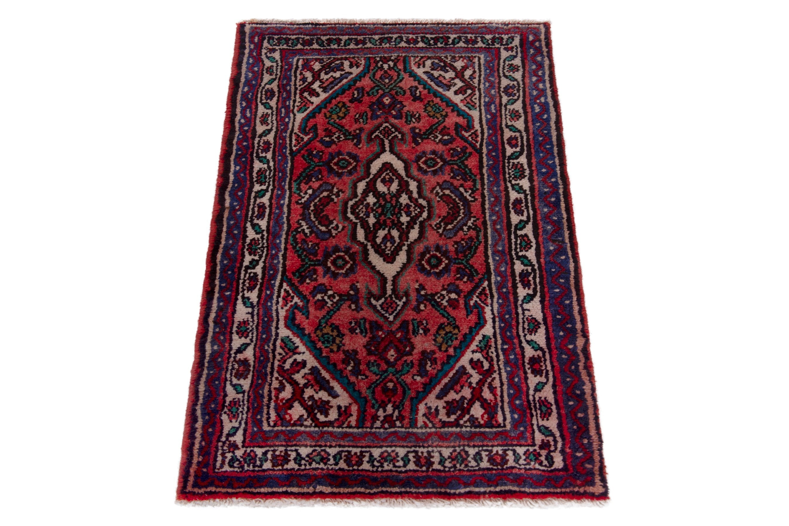 Persian Hamedan accent rug in deep red and dark blue, view 2 of 7