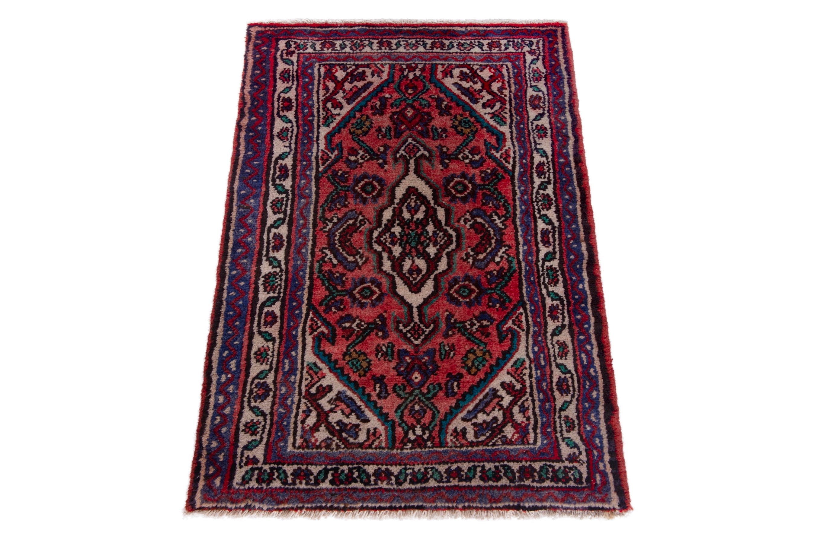 Persian Hamedan accent rug in deep red and dark blue, view 3 of 7