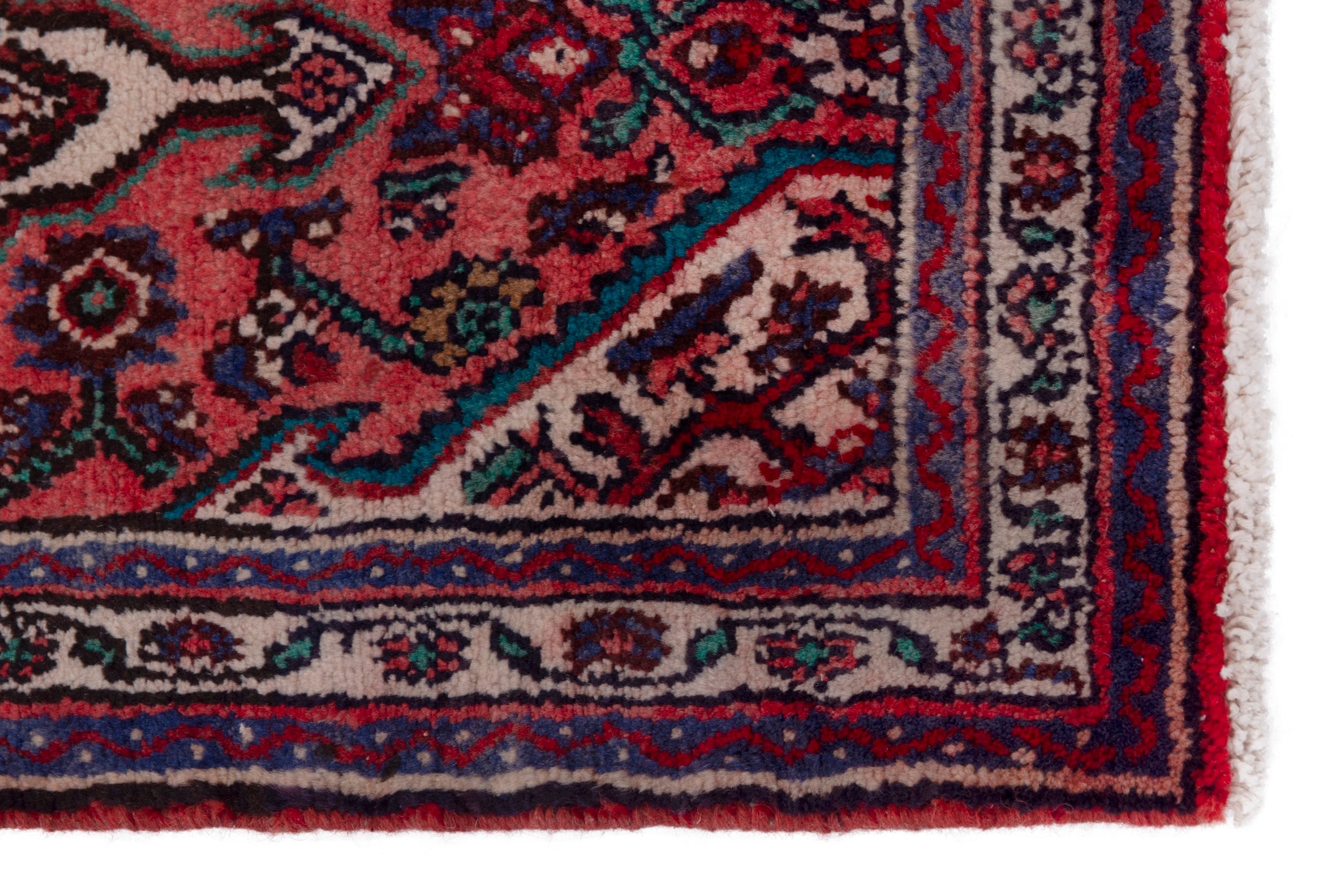 Persian Hamedan accent rug in deep red and dark blue, view 4 of 7