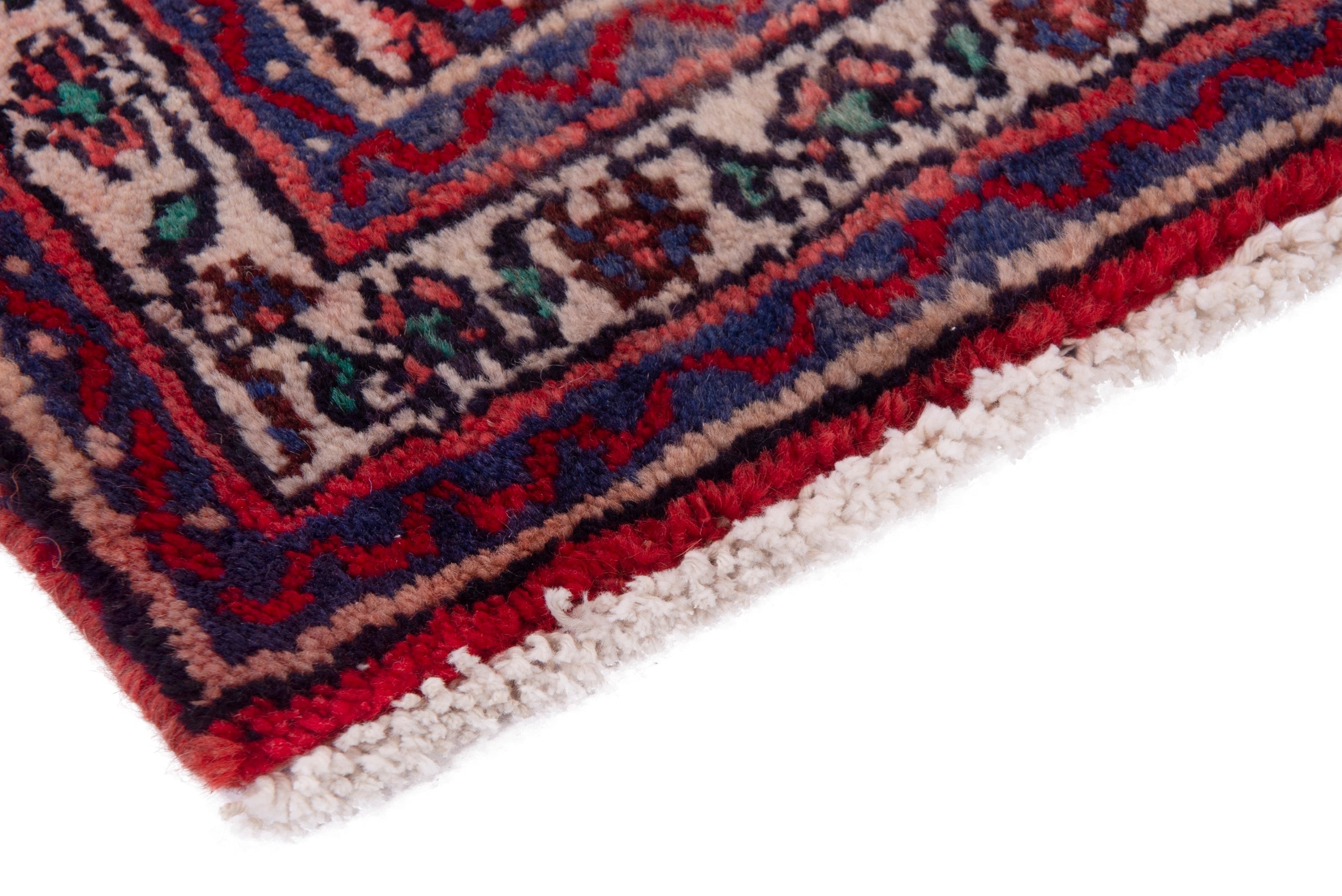 Persian Hamedan accent rug in deep red and dark blue, view 5 of 7