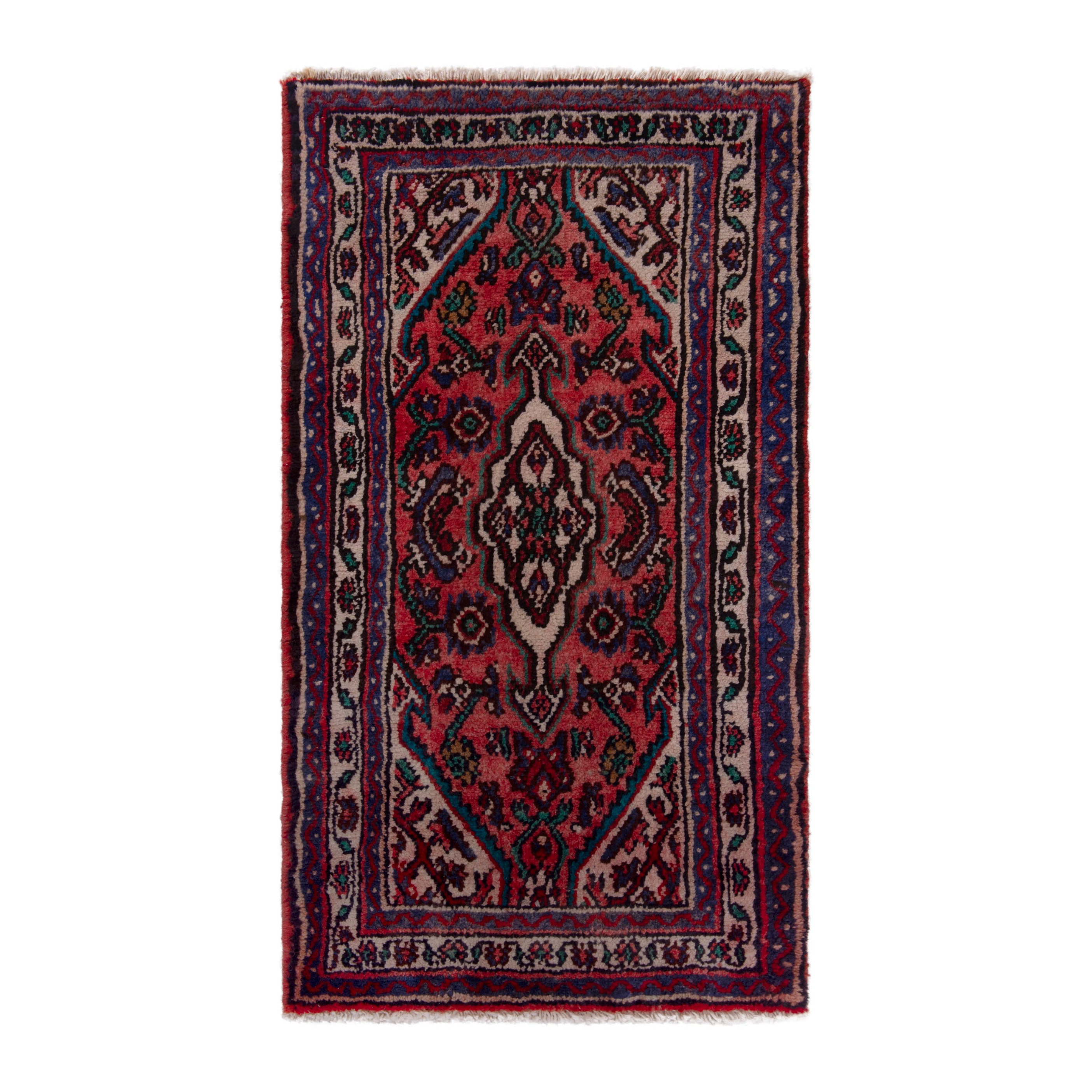 Persian Hamedan accent rug in deep red and dark blue, 2' x 3'8"