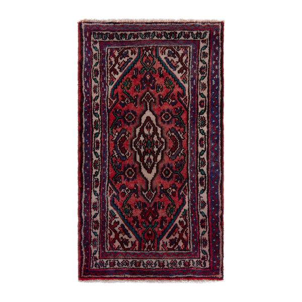 Persian Hamedan accent rug in deep red and dark blue, 2' x 3'8"