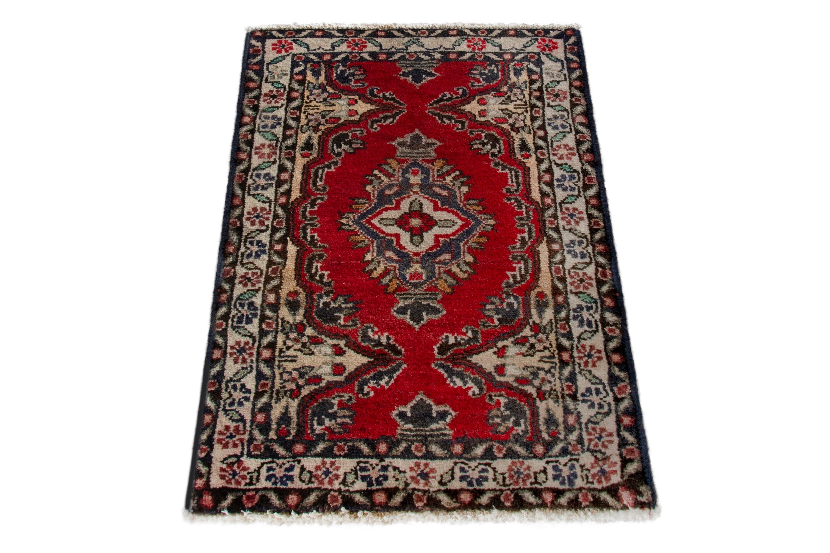 Persian Hamedan accent rug in deep red and ivory, view 2 of 8
