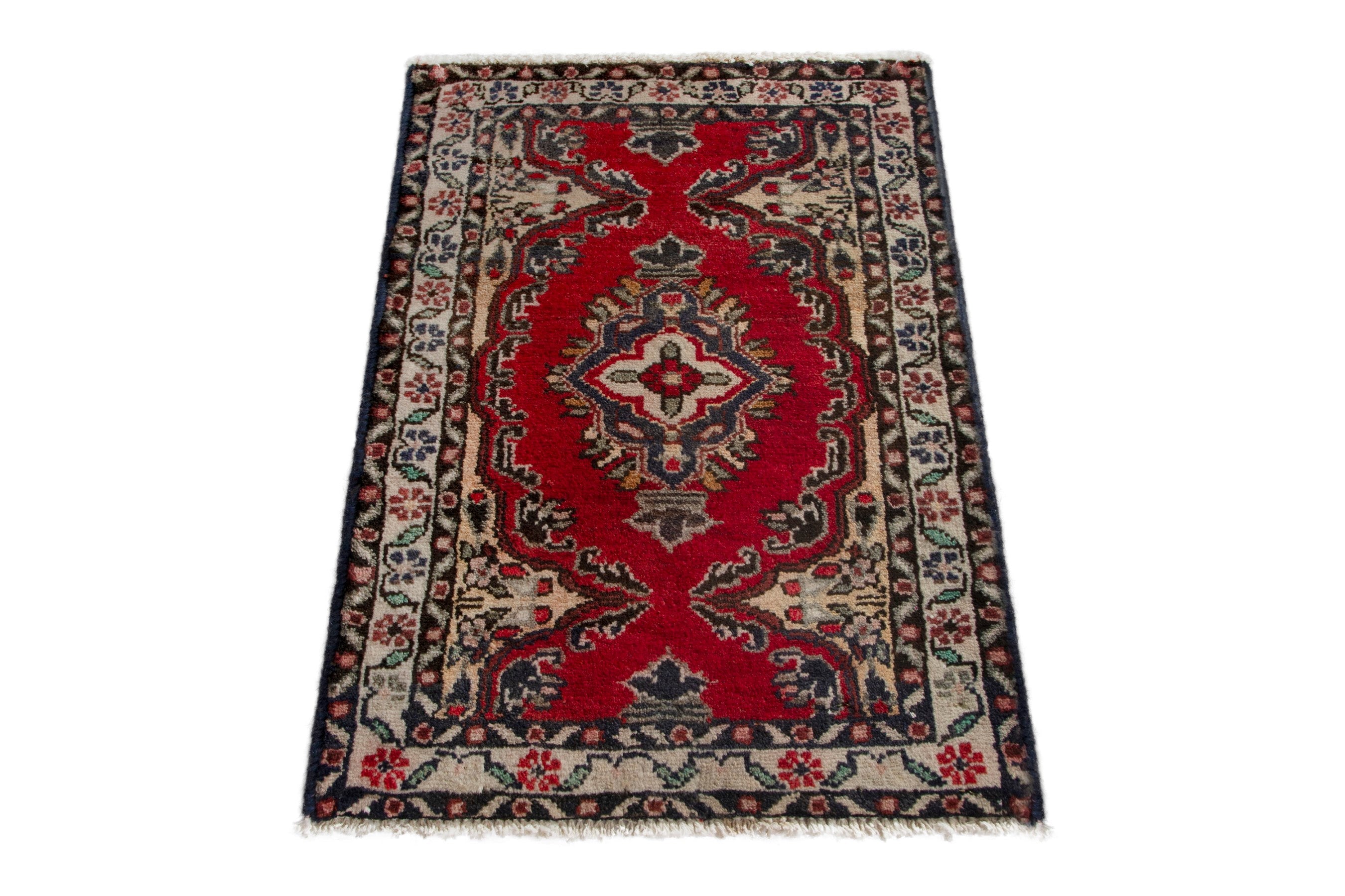 Persian Hamedan accent rug in deep red and ivory, view 3 of 8